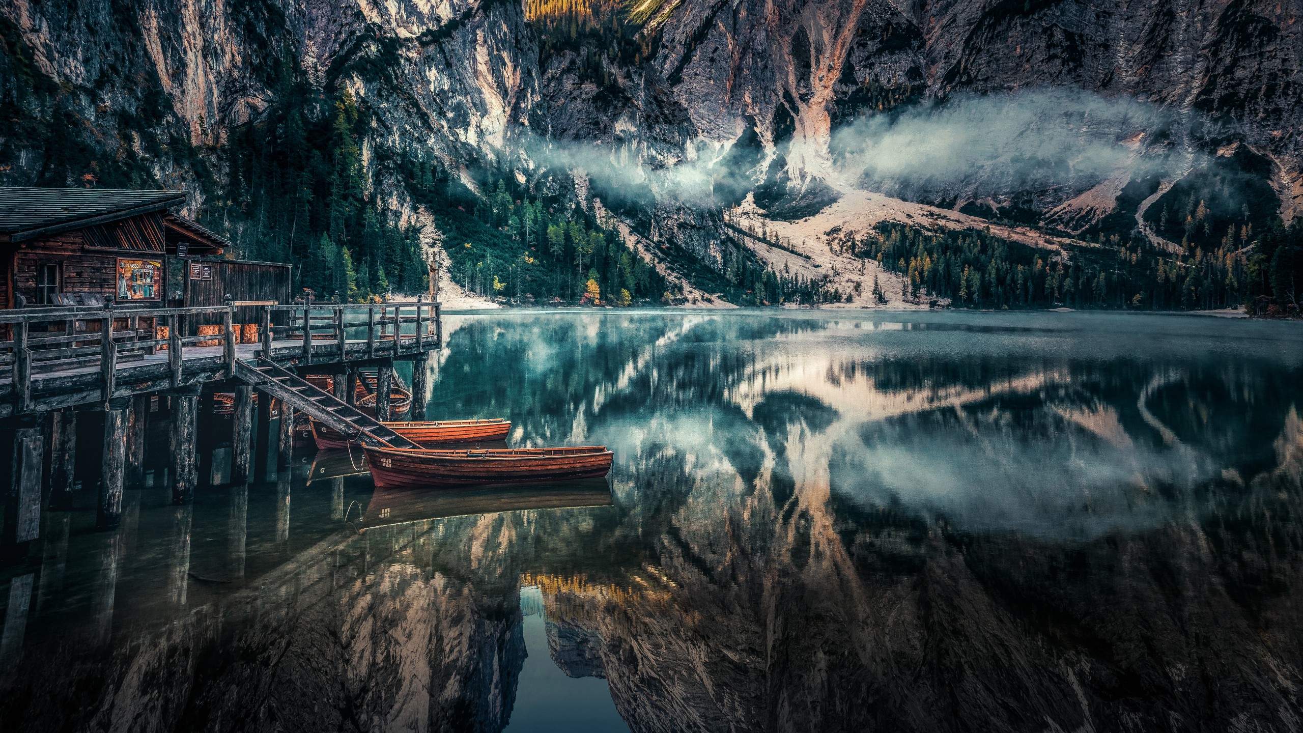 Braies Lake Panoramic viewin Dolomites mountains Italy 5K Wallpaper