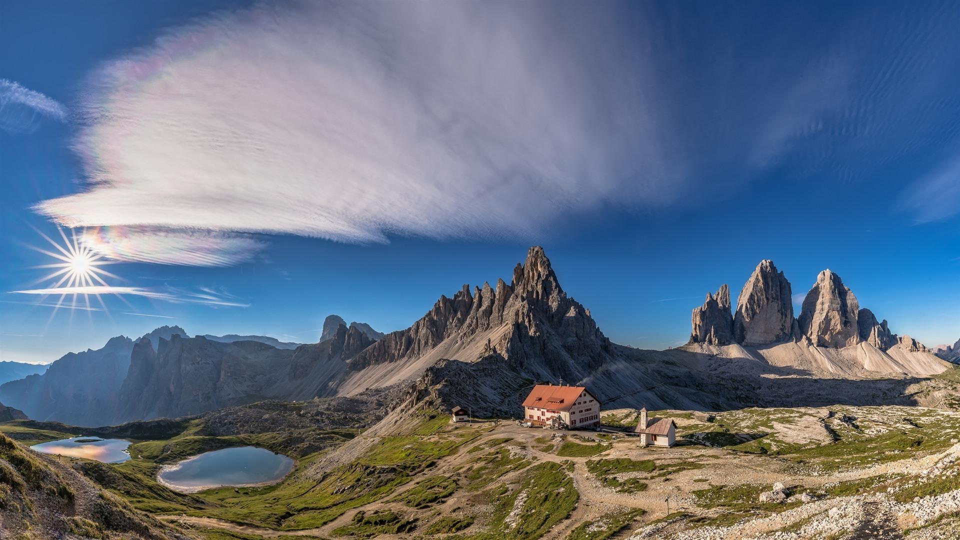 Wallpaper Italy, Dolomites, mountains, house, lake, sun, blue sky