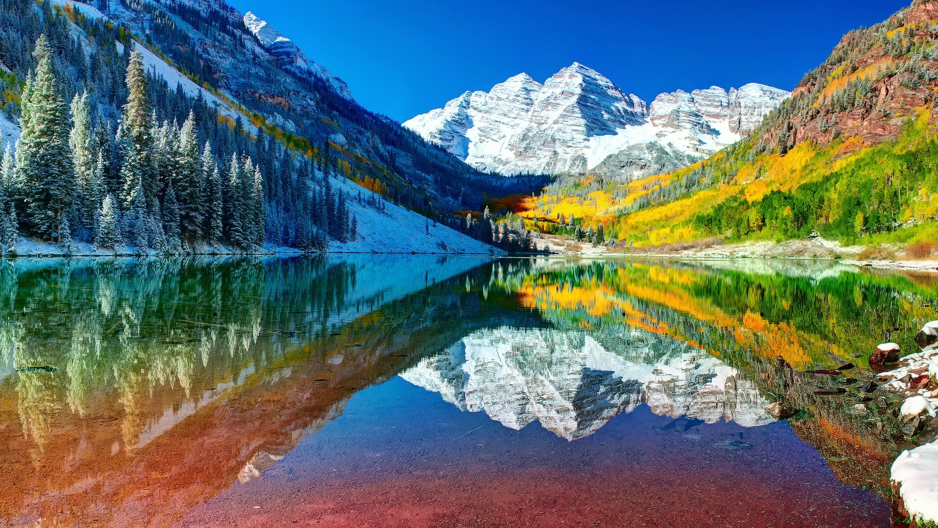 colors, snow, USA, autumn, reflection, trees, fall wallpaper