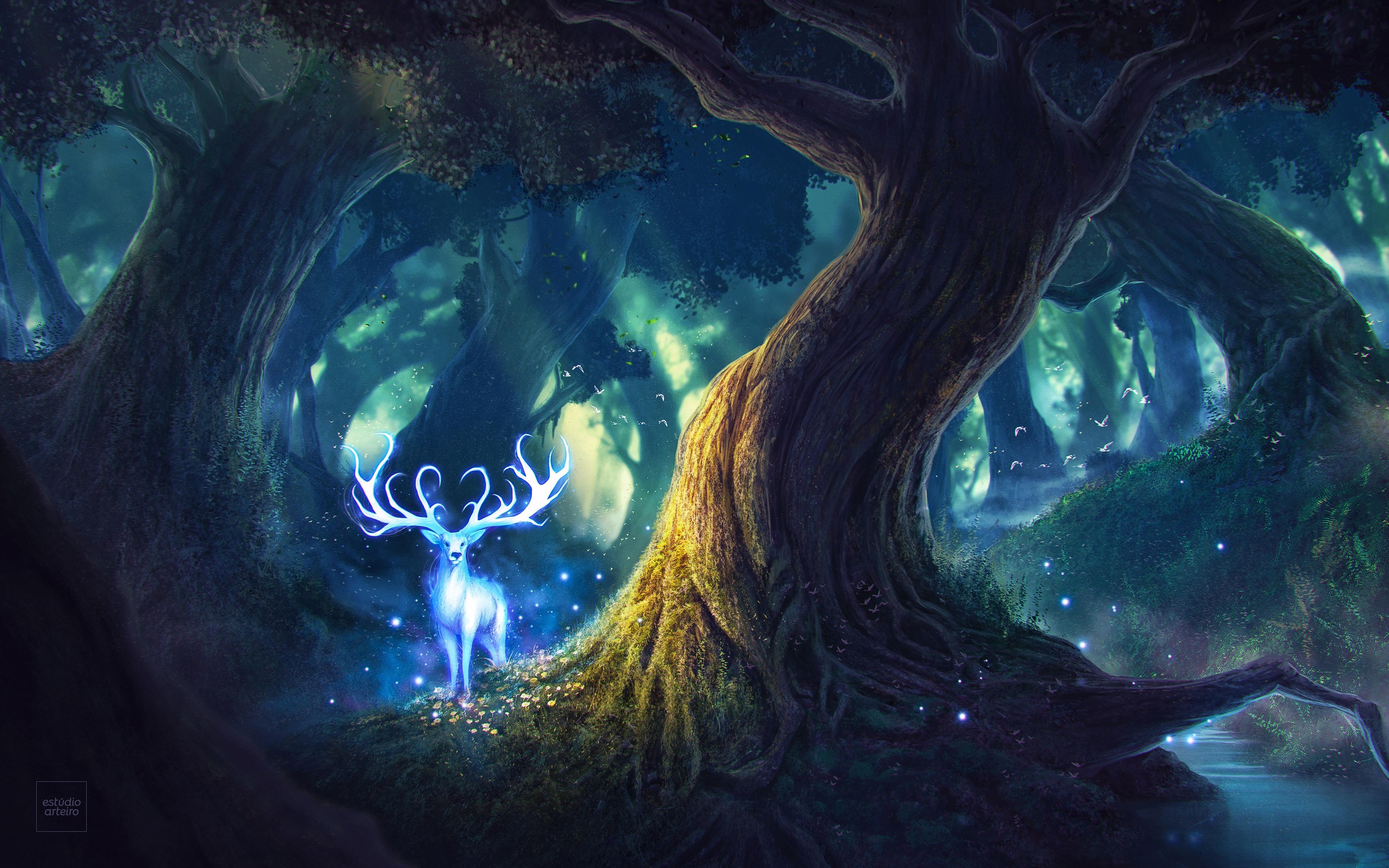 Magic Forest Fantasy Deer, HD Artist, 4k Wallpaper, Image