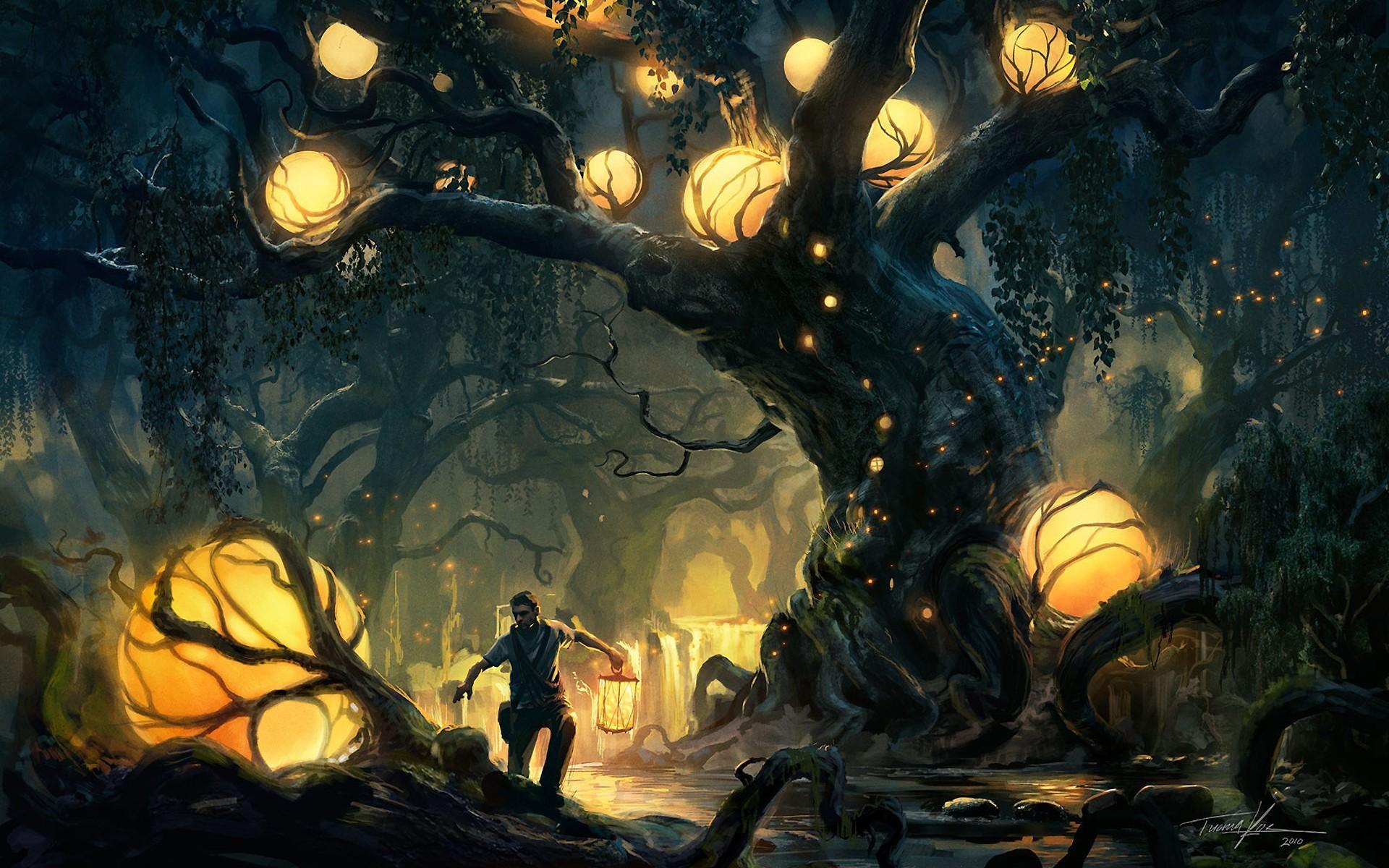 Trees Lights Forest Fantasy Art Wallpaper Obras De Arte