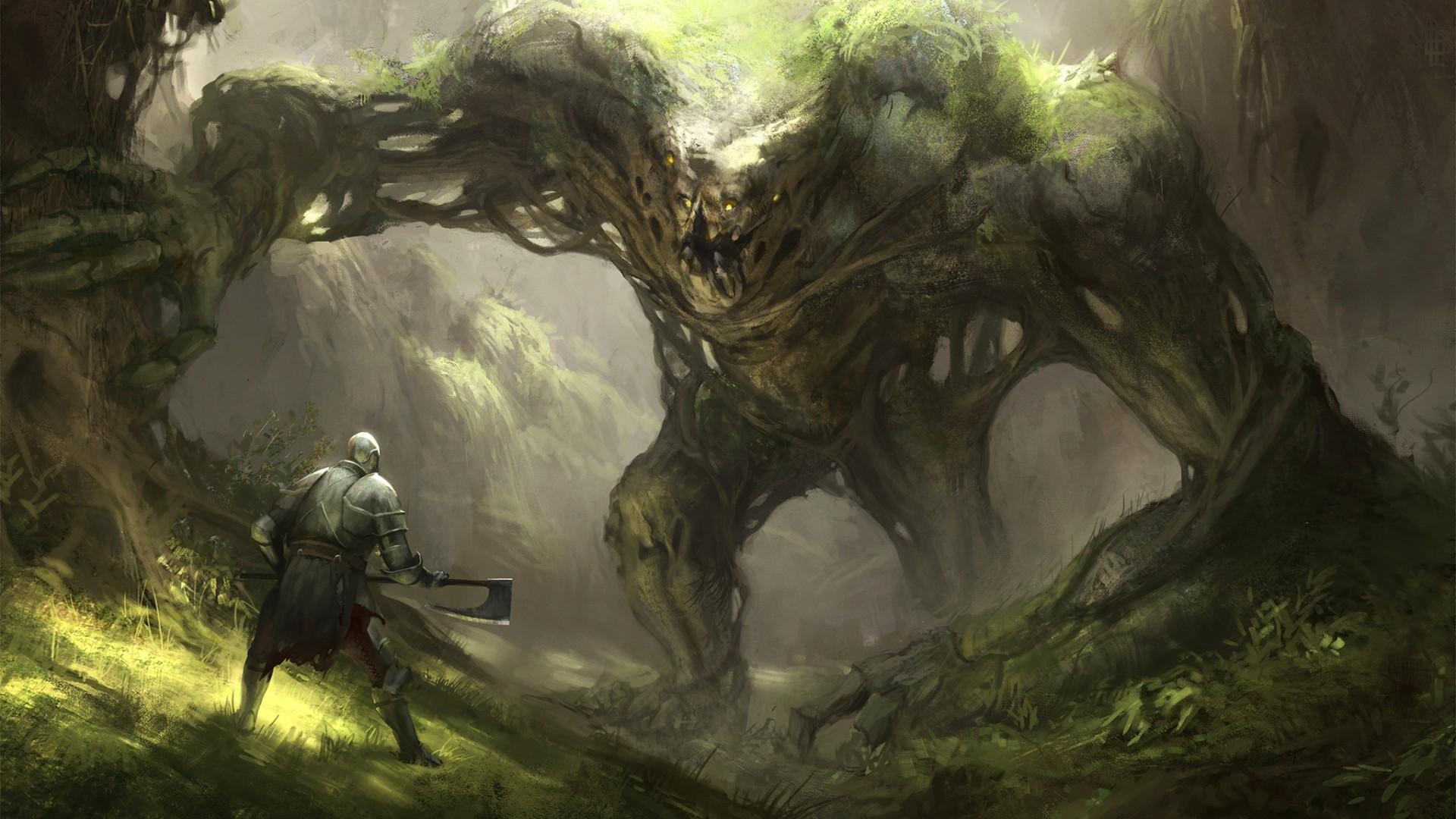 Download 1920x1080 Living Tree, Man, Axe, Forest, Fantasy Creature