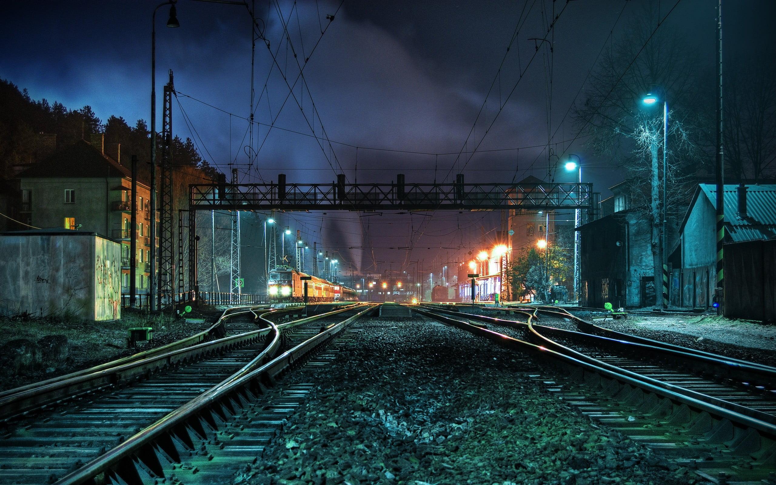 Train rail, railway station, night, train, train station HD