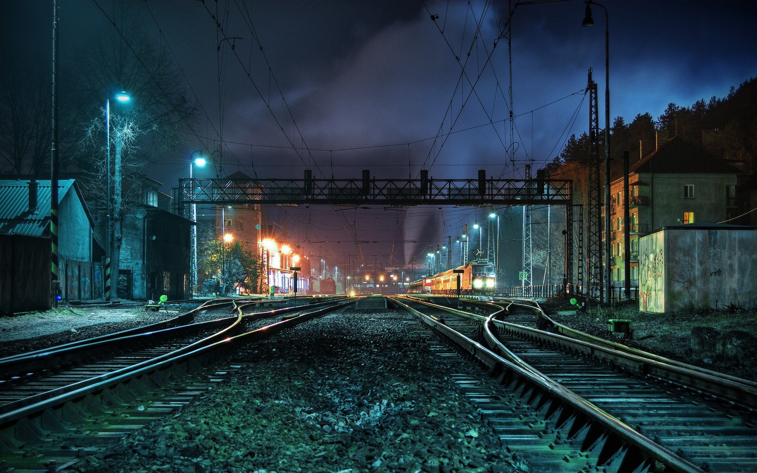 Night lights trains railroad tracks vehicles railroads wallpaper