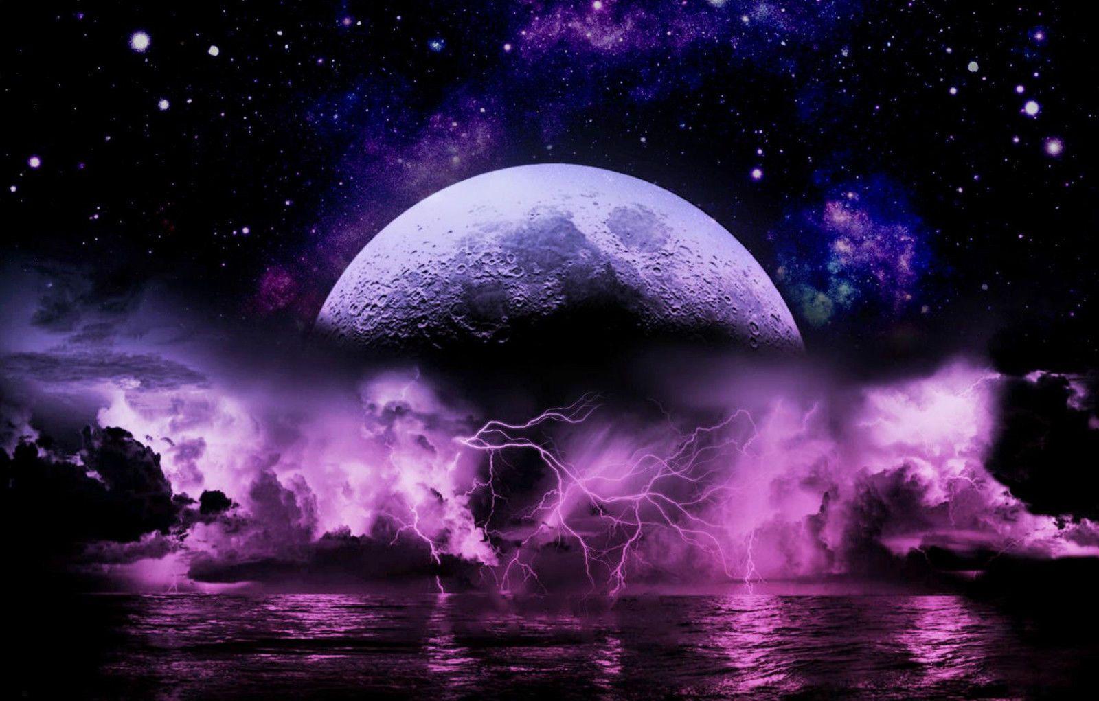 Framed Print Lightning Strom Below a Purple Moon Picture
