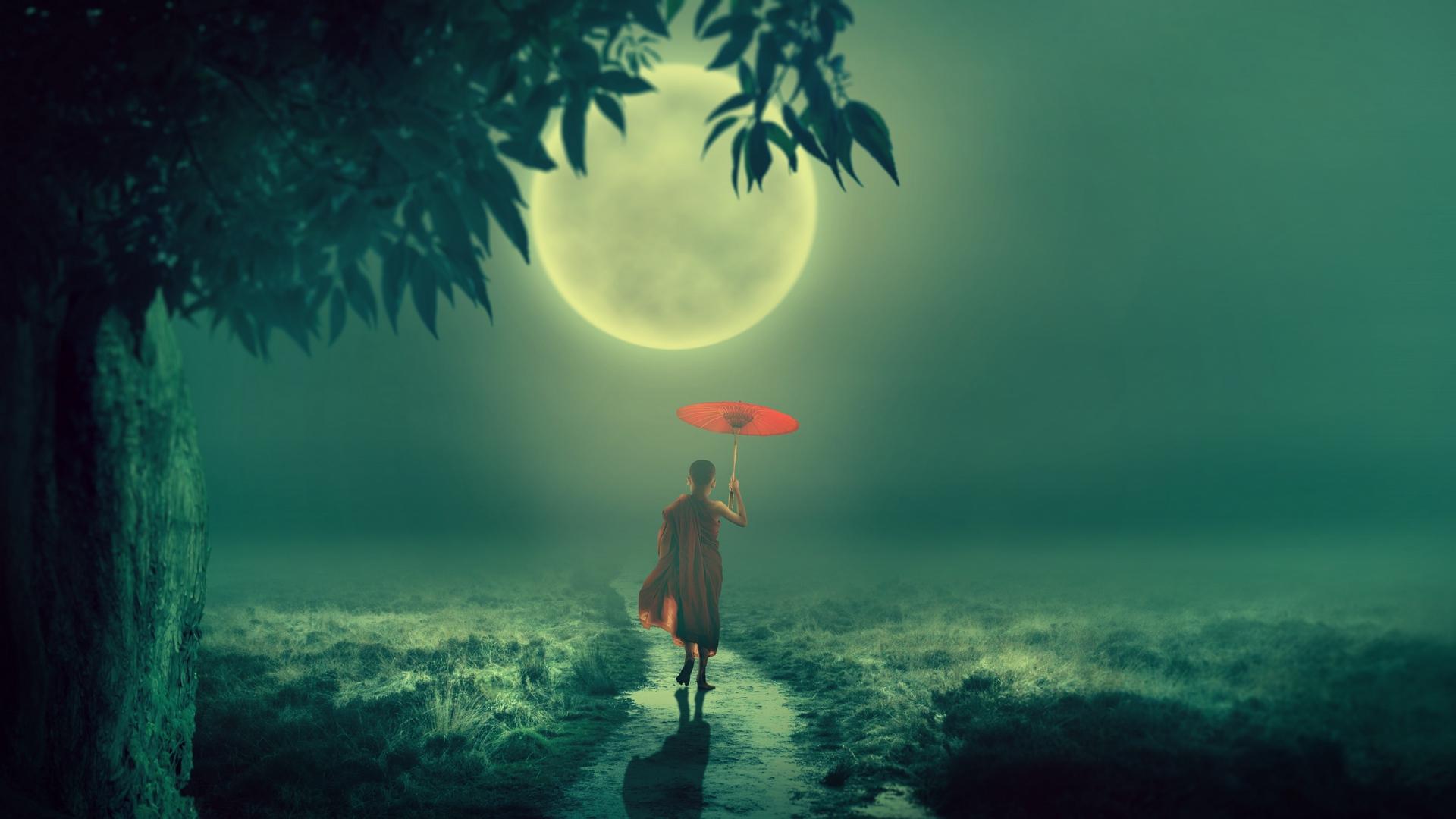 Download wallpaper 1920x1080 boy, monk, fog, moon, child, umbrella
