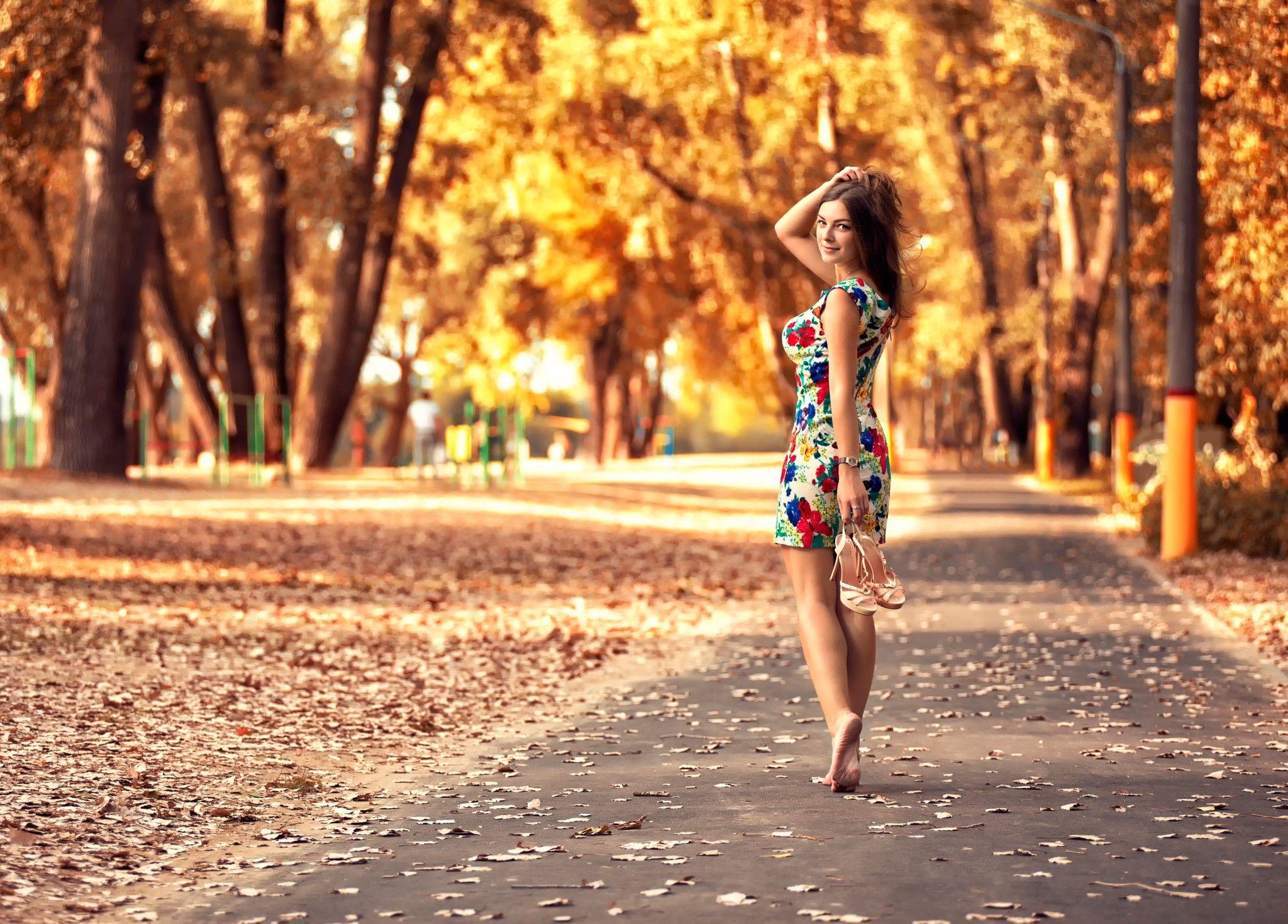 Autumn Girl Walking on Road Beautiful Legs. HDWallpaperFX in 2019