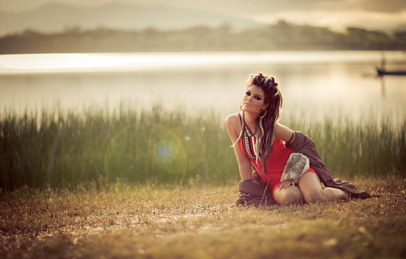 Wallpaper girl, sunshine, , field, autumn, lake, evening
