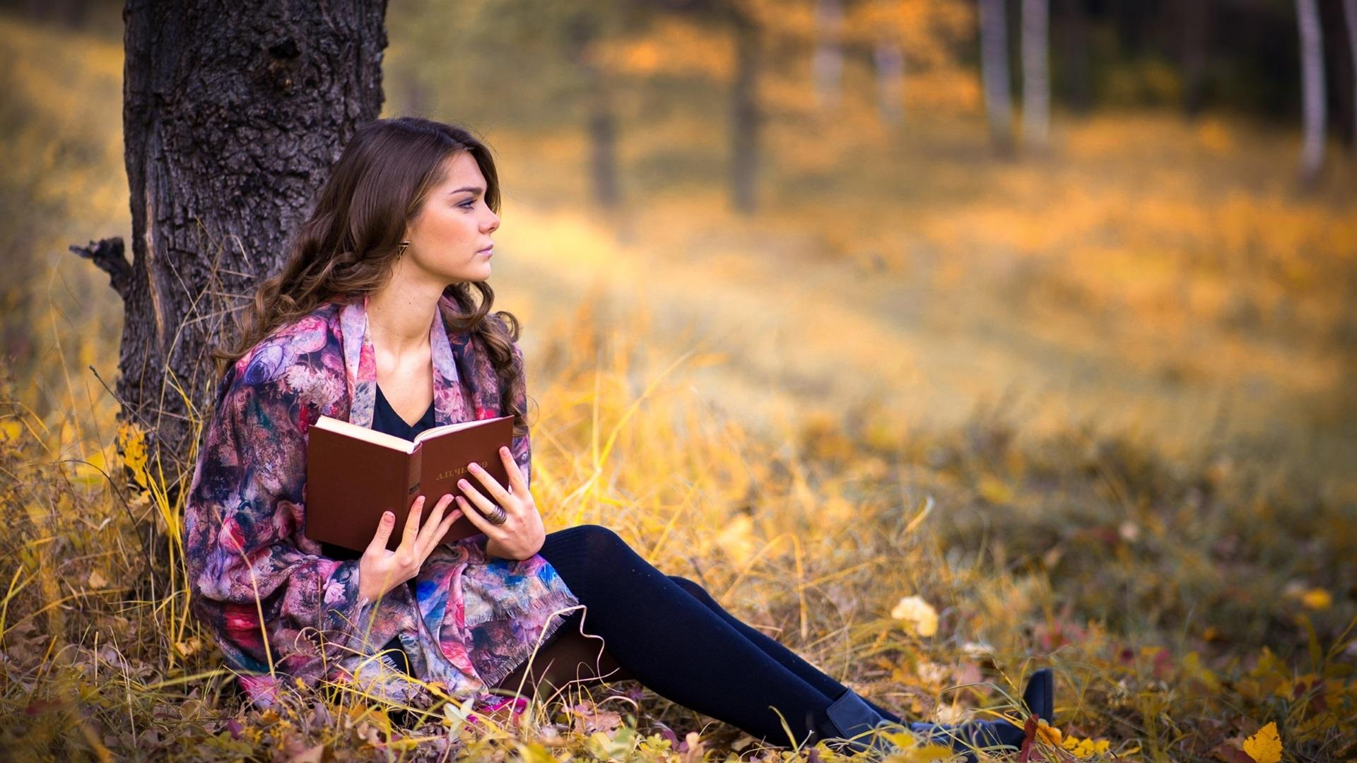 Wallpaper Girl read a book, autumn, tree, grass 1920x1200 HD Picture