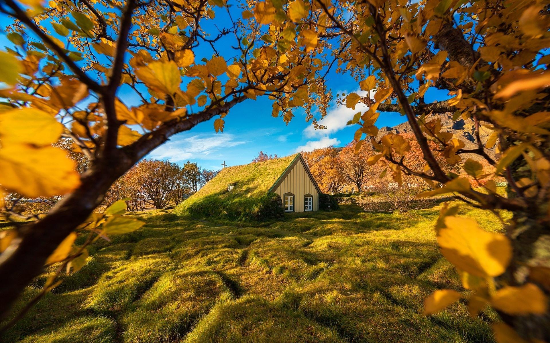 Download 1920x1200 Iceland, Church, Autumn, Fall, Leaves, Field