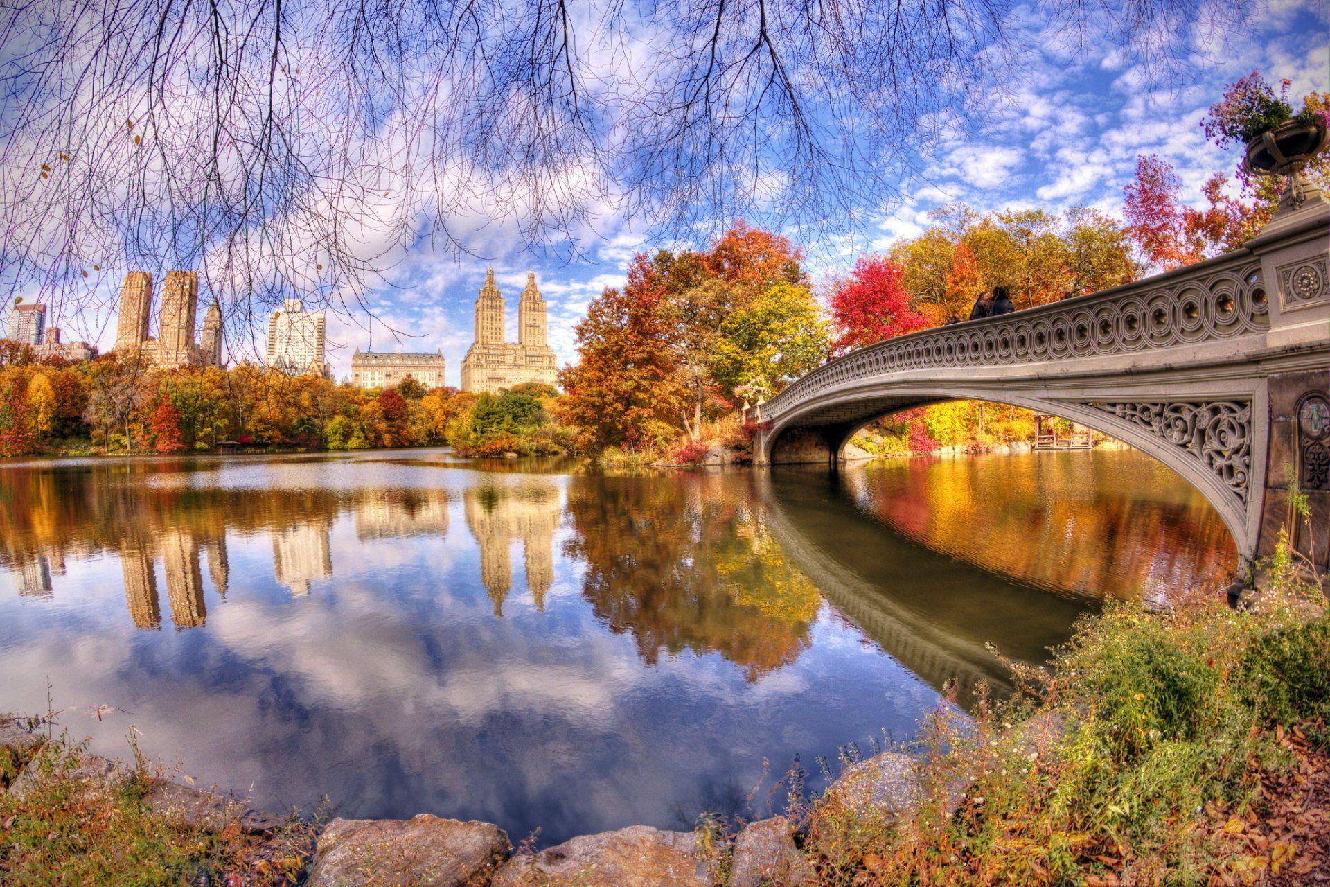 Man Made Central Park Reflection Pond Bridge Tree Fall Foliage New