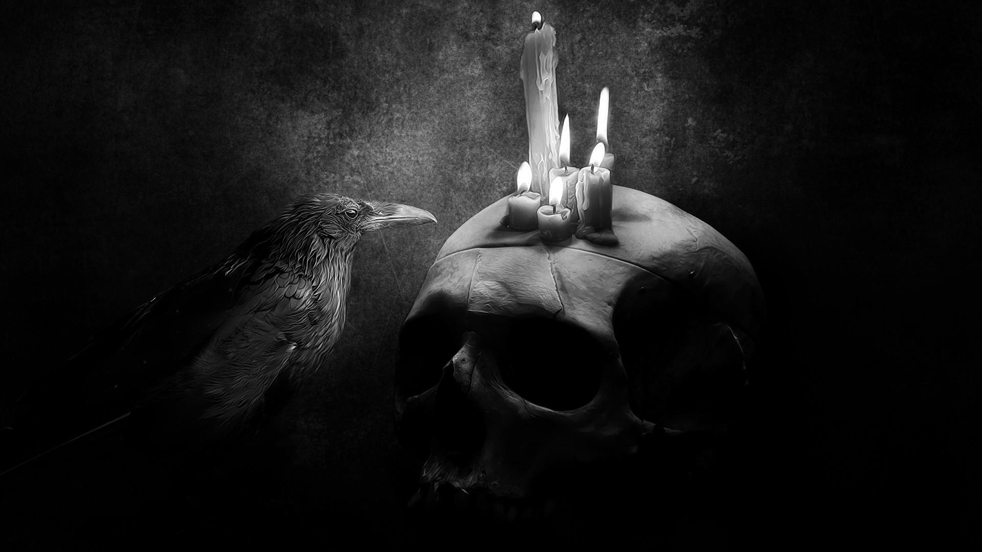 1920x1080 digital art drawing monochrome skull candles raven