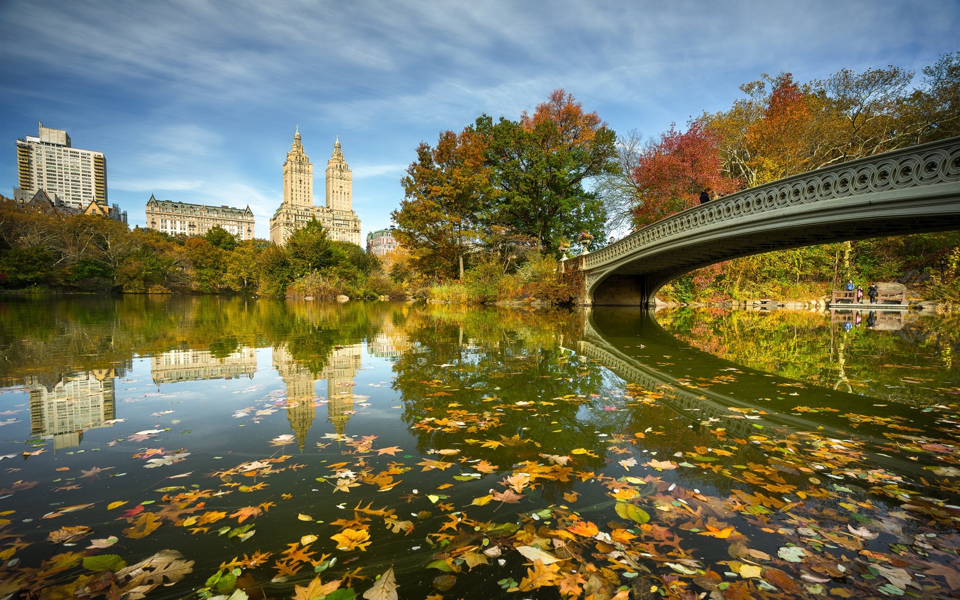 Wallpaper New York, Central Park, bridge, lake, trees, autumn