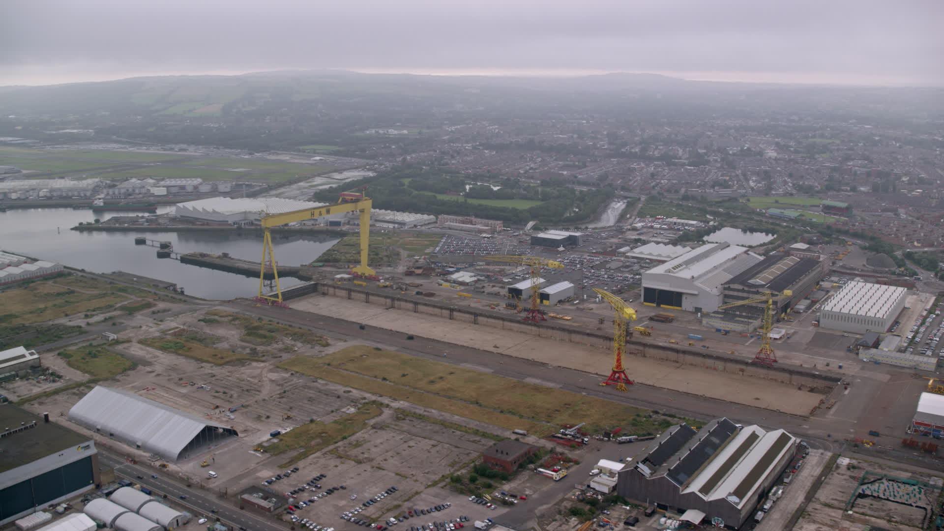 6K stock footage aerial video of cranes at the Port of Belfast, Northern Ireland Aerial Stock Footage AX113_120