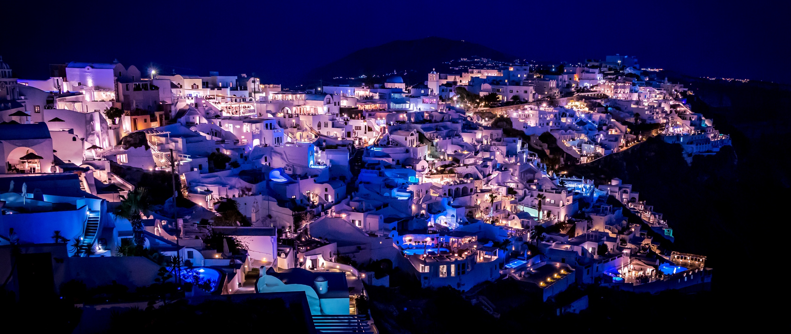 Download wallpaper 2560x1080 santorini, greece, night city