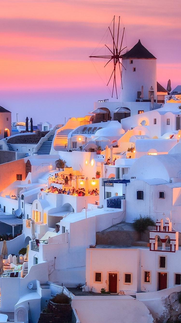 Greece, Santorini, island, dusk, houses, lights 750x1334