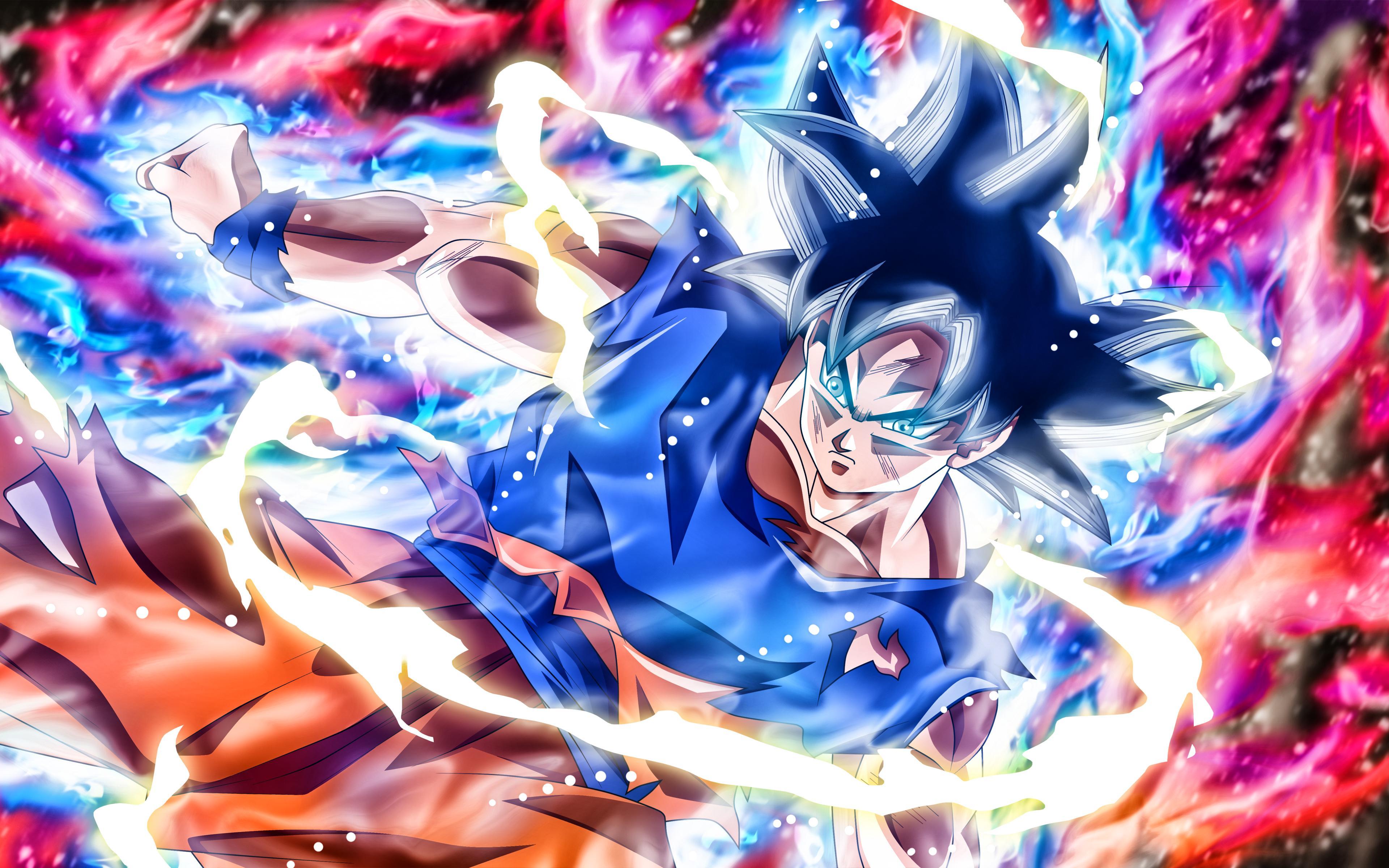 Download wallpaper Ultra Instinct Goku, fire, neon lights, DBS, 4k
