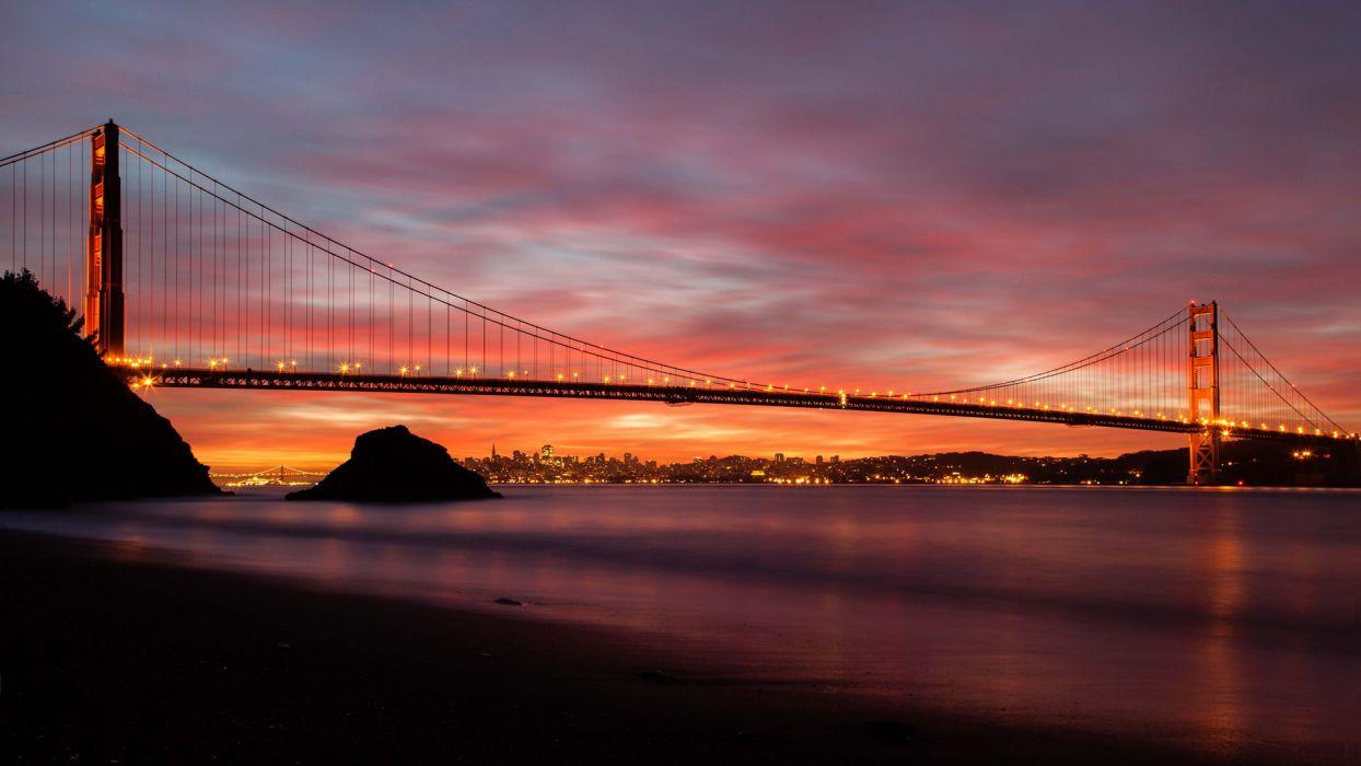 Golden Gate Bridge Bridge San Francisco Sunset Beach Shore
