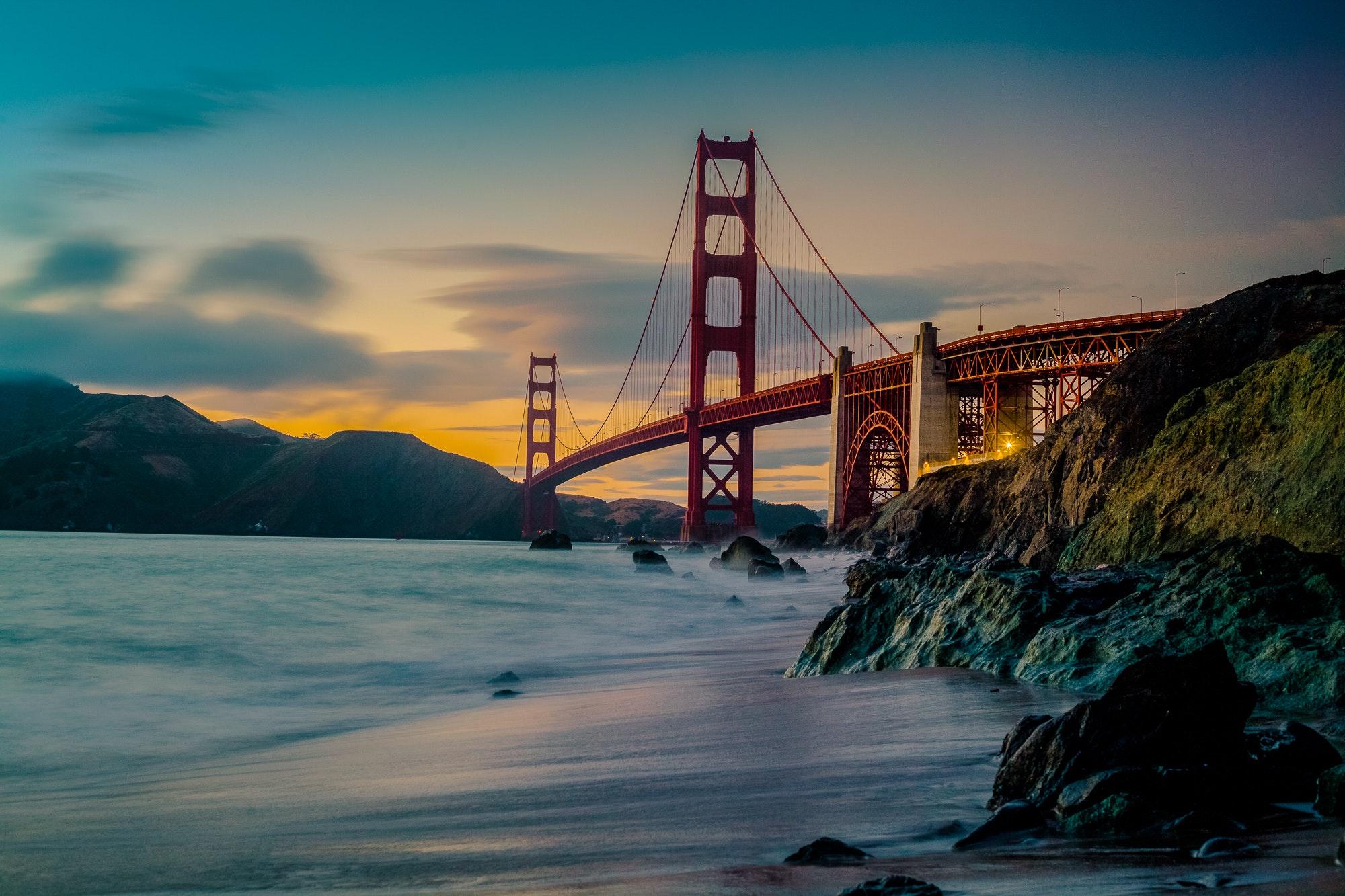 Golden Gate Bridge Bridge San Francisco Beach Ocean Sunset