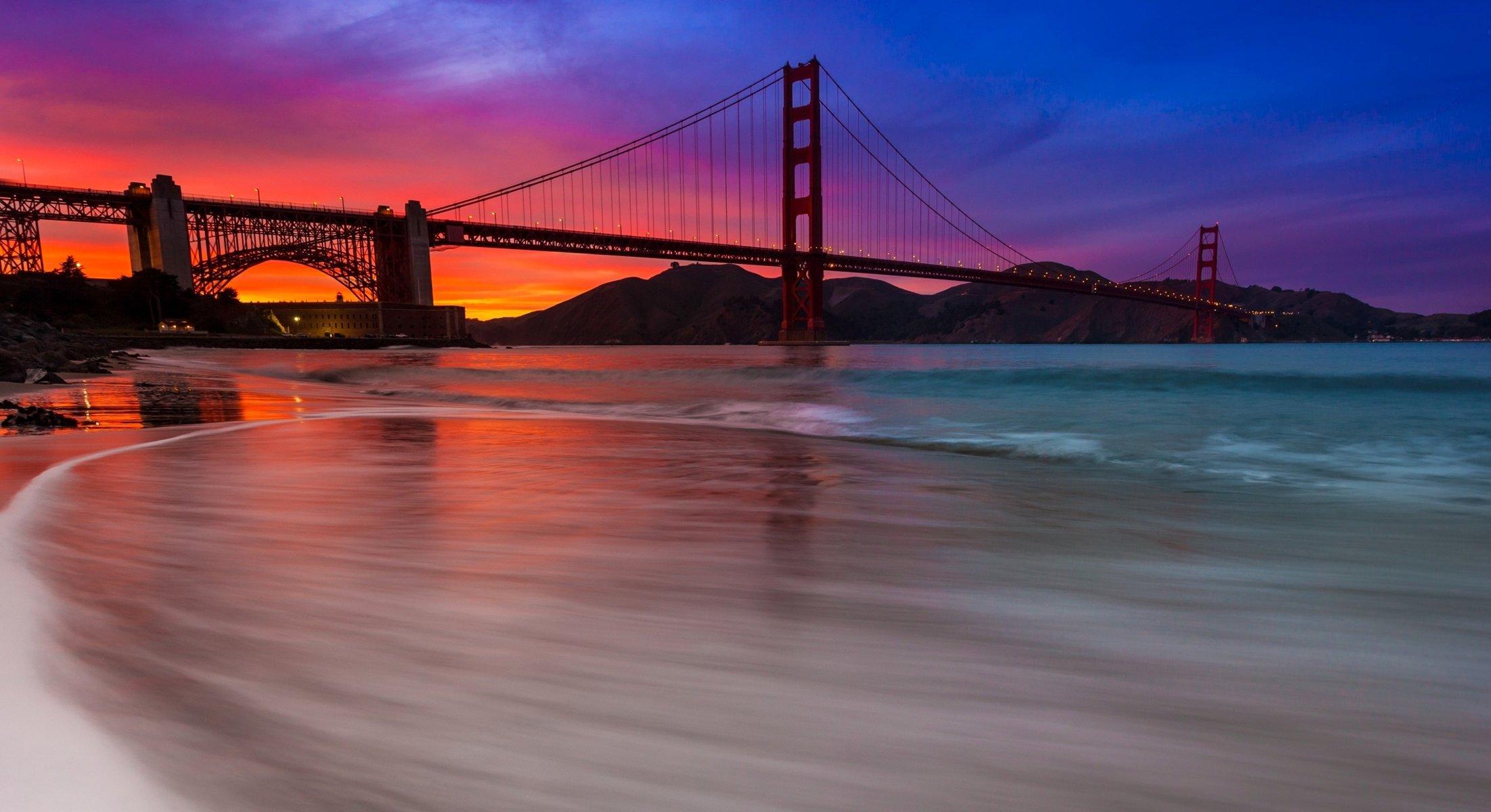 Golden Gate Bridge Bridge San Francisco Beach Ocean Sunset