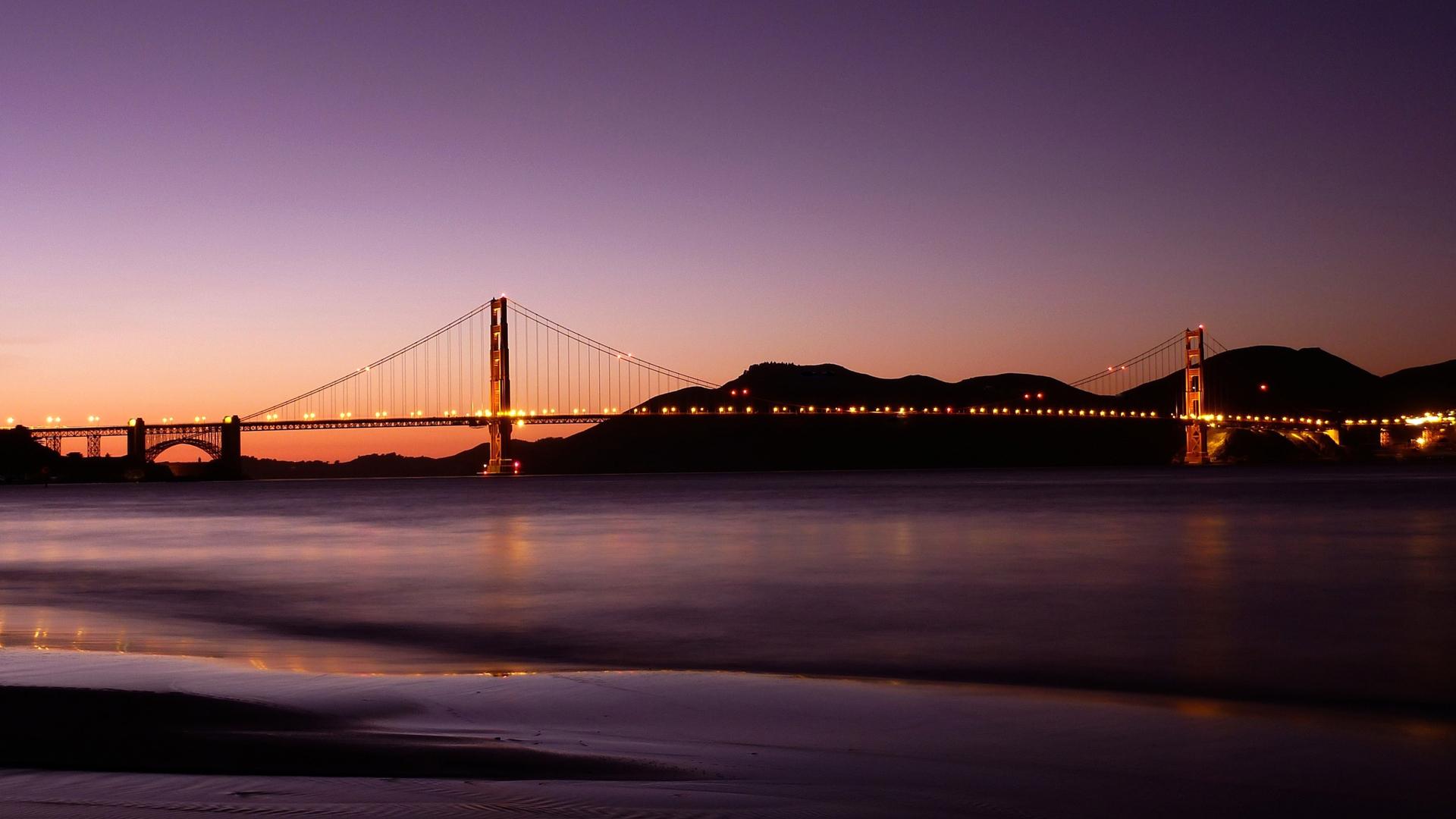 sunset, bridges, Golden Gate Bridge, San Francisco, sea