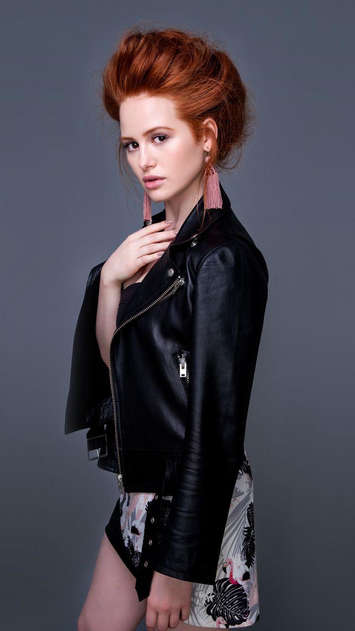Madelaine Petsch, red head, black jacket, 720x1280 wallpaper