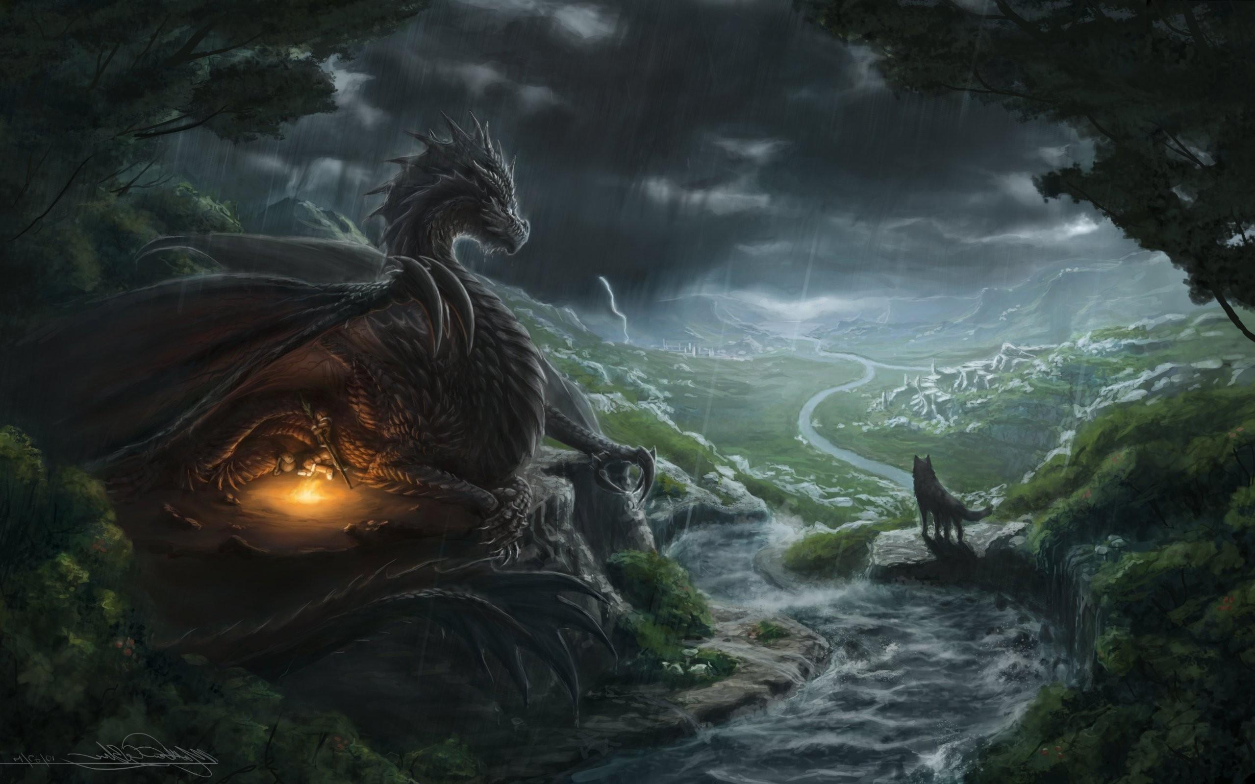 fantasy Art, Dragon, Wolf, River Wallpaper HD / Desktop and Mobile