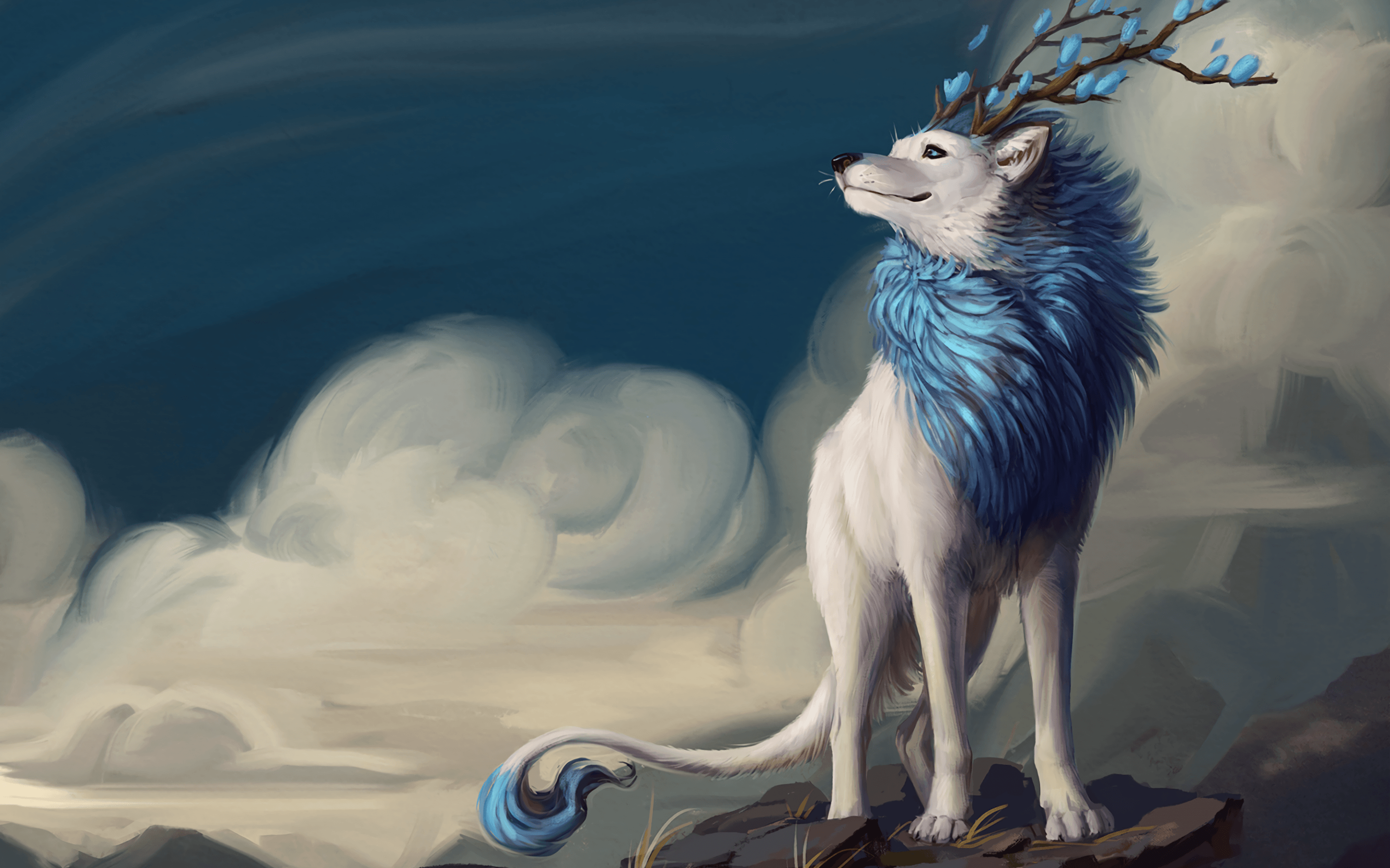 Download 2880x1800 Fantasy Wolf, Smiling, Horns, Clouds, Tail