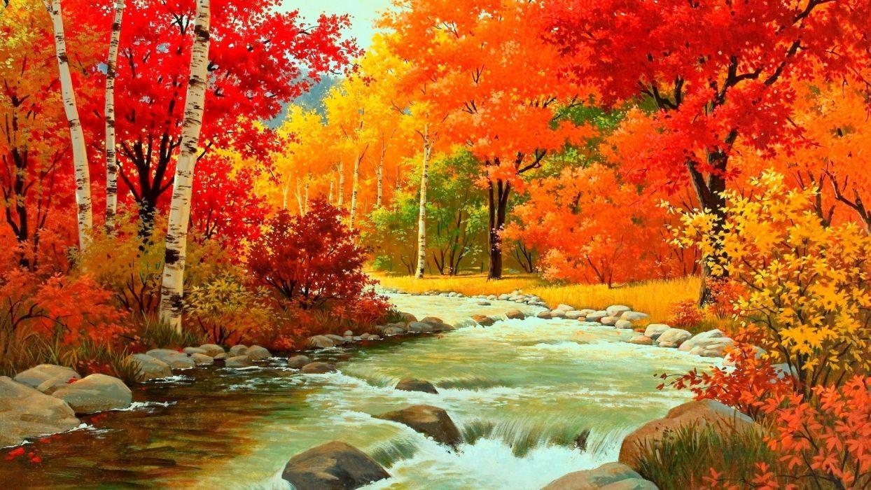 Painting nature autumn river forest and mountains wallpaper