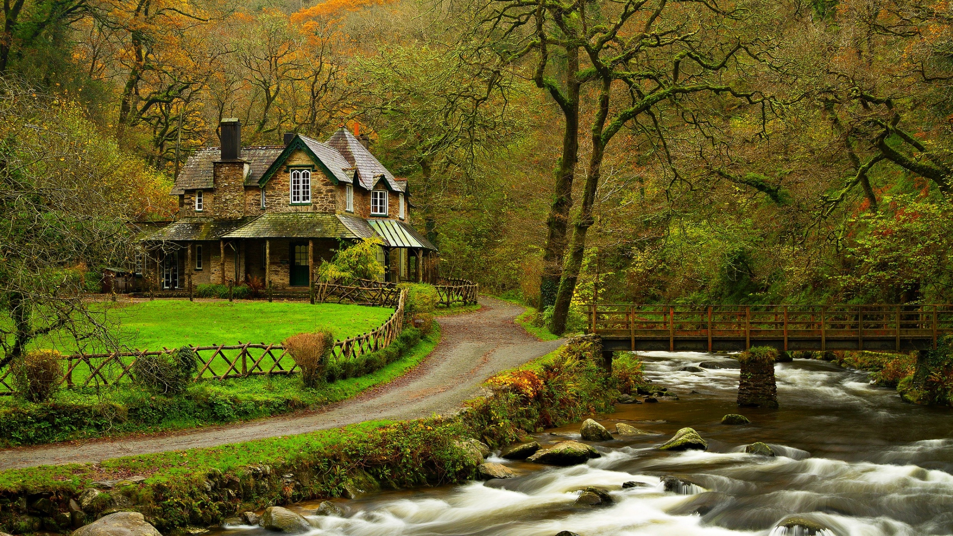 Download 1920x1080 HD Wallpaper autumn river house forest, Desktop