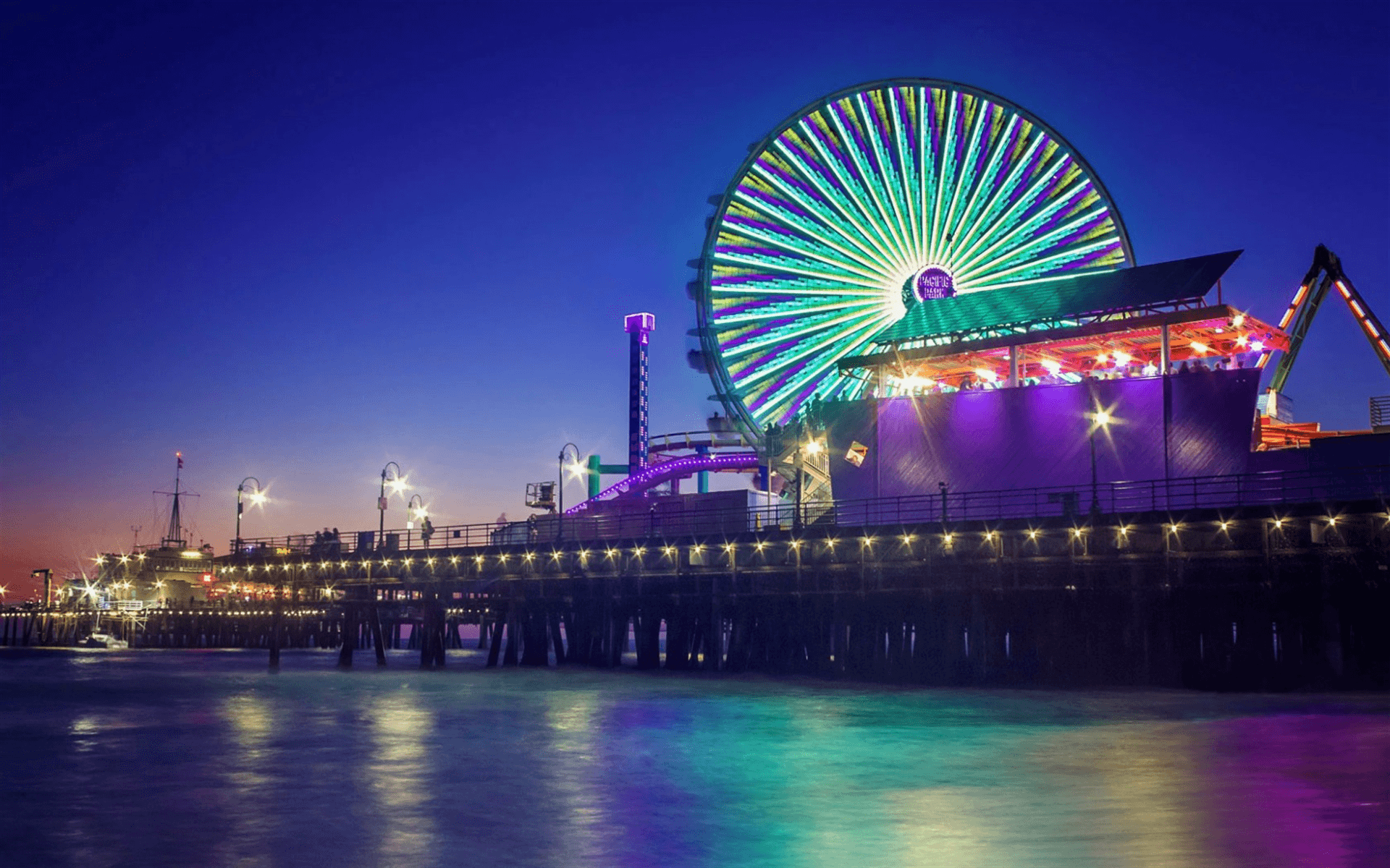 Download wallpaper Santa Monica, beach, evening, Ferris wheel, pier