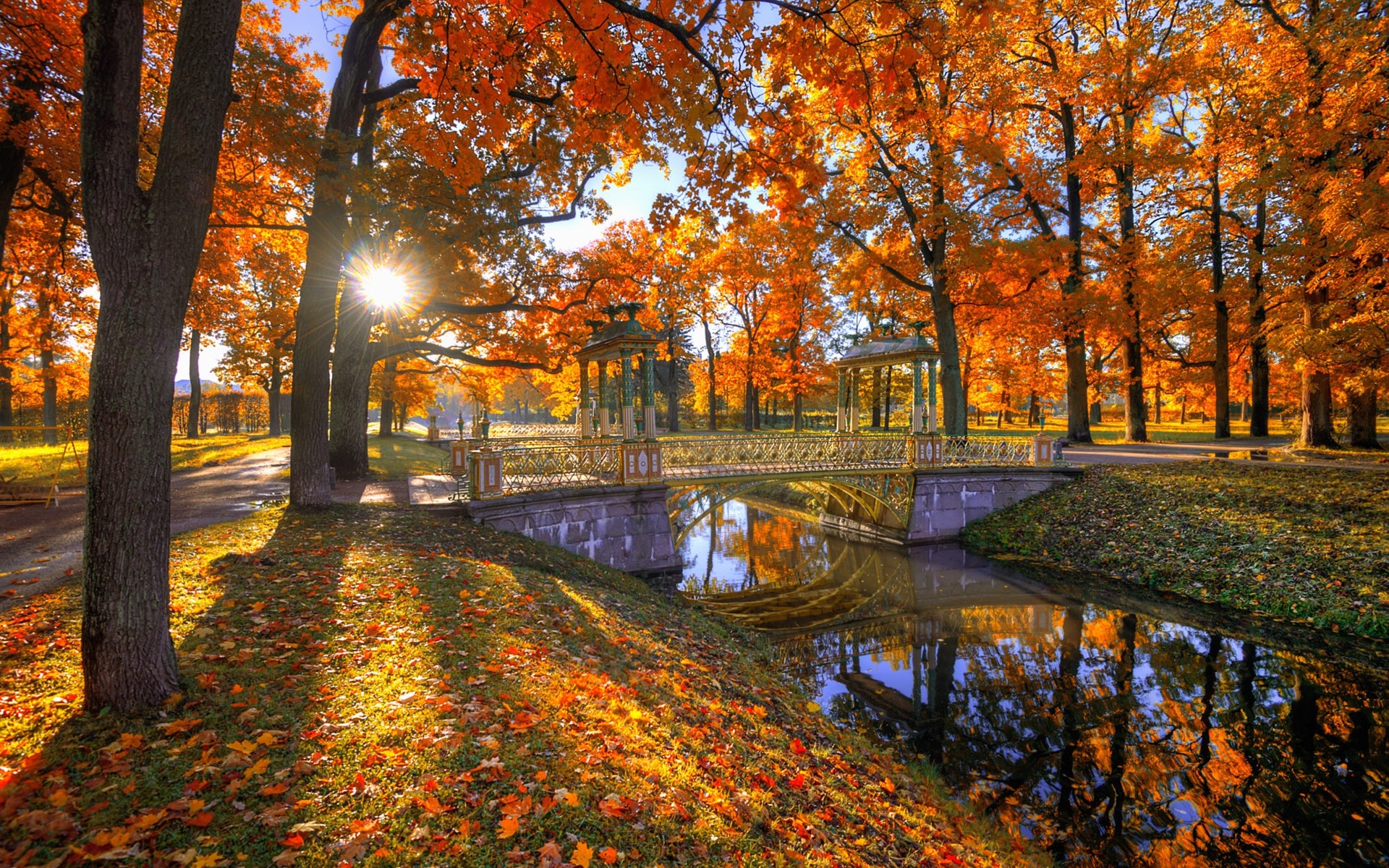 Wallpaper Park, trees, red leaves, autumn, bridge, sun rays
