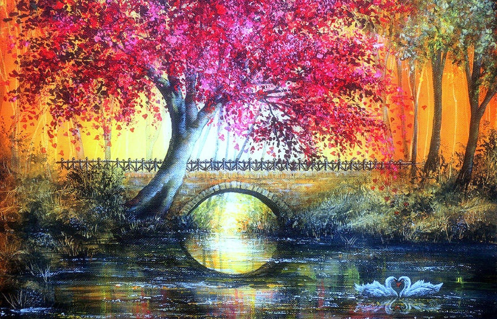Bridges: Autumn Bridge Colorful Paintings Fall Seasons
