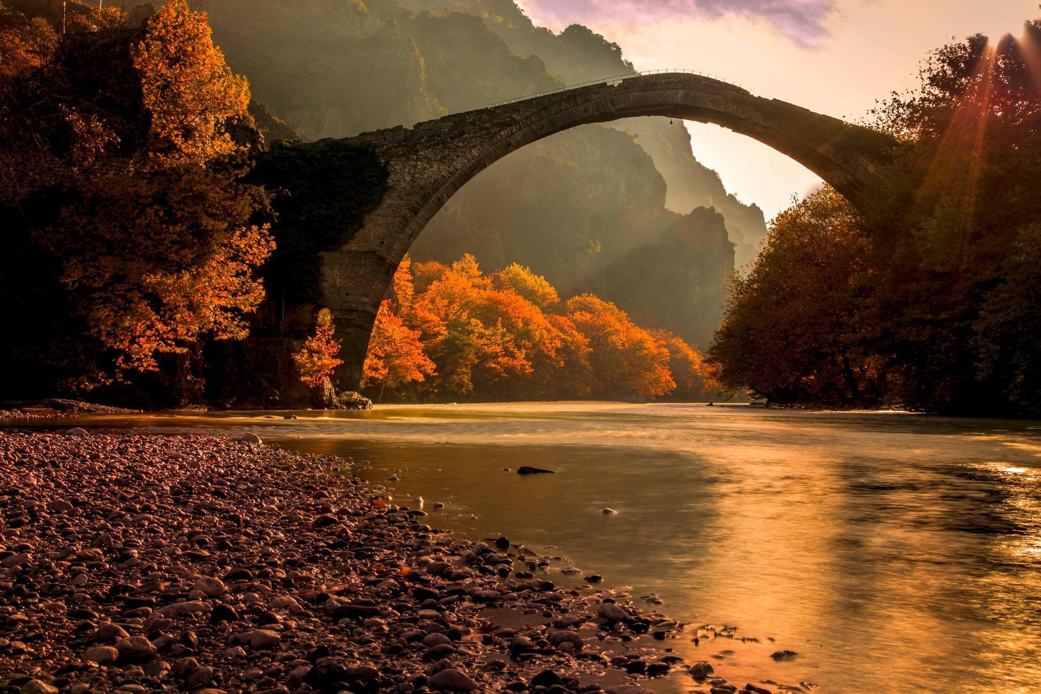 bridge, sunrise, fall, sunbeams, riverside, mountains