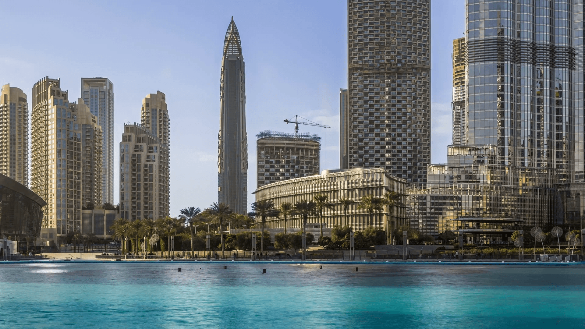 Timelapse of downtown Dubai skyline, view from the Dubai fountain. Modern city cityscape with skyscrapers. Stock Video Footage