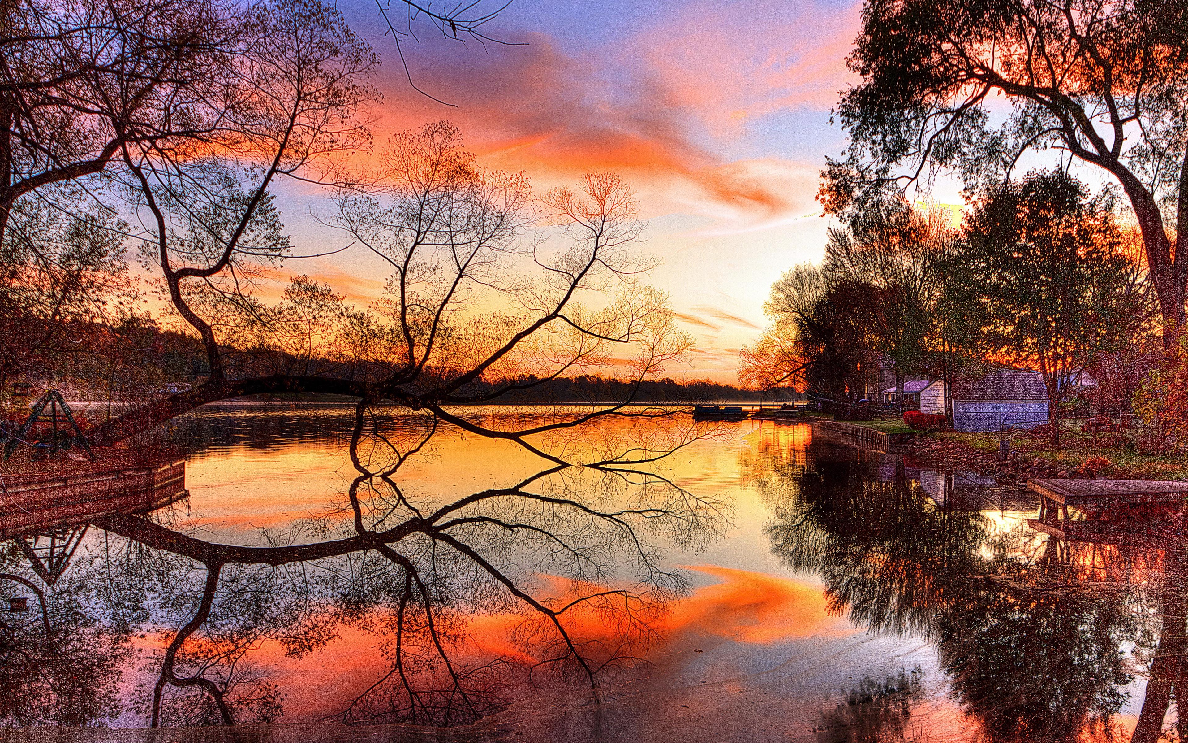 Sunset Lake Trees Landscape Reflection Image wallpaper