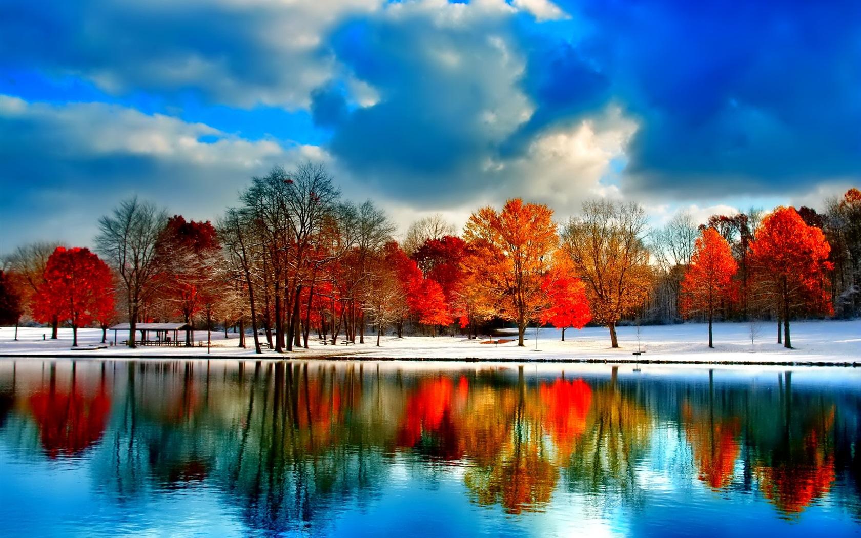 Wallpaper Clouds, river, snow, trees, autumn 1920x1200 HD Picture, Image