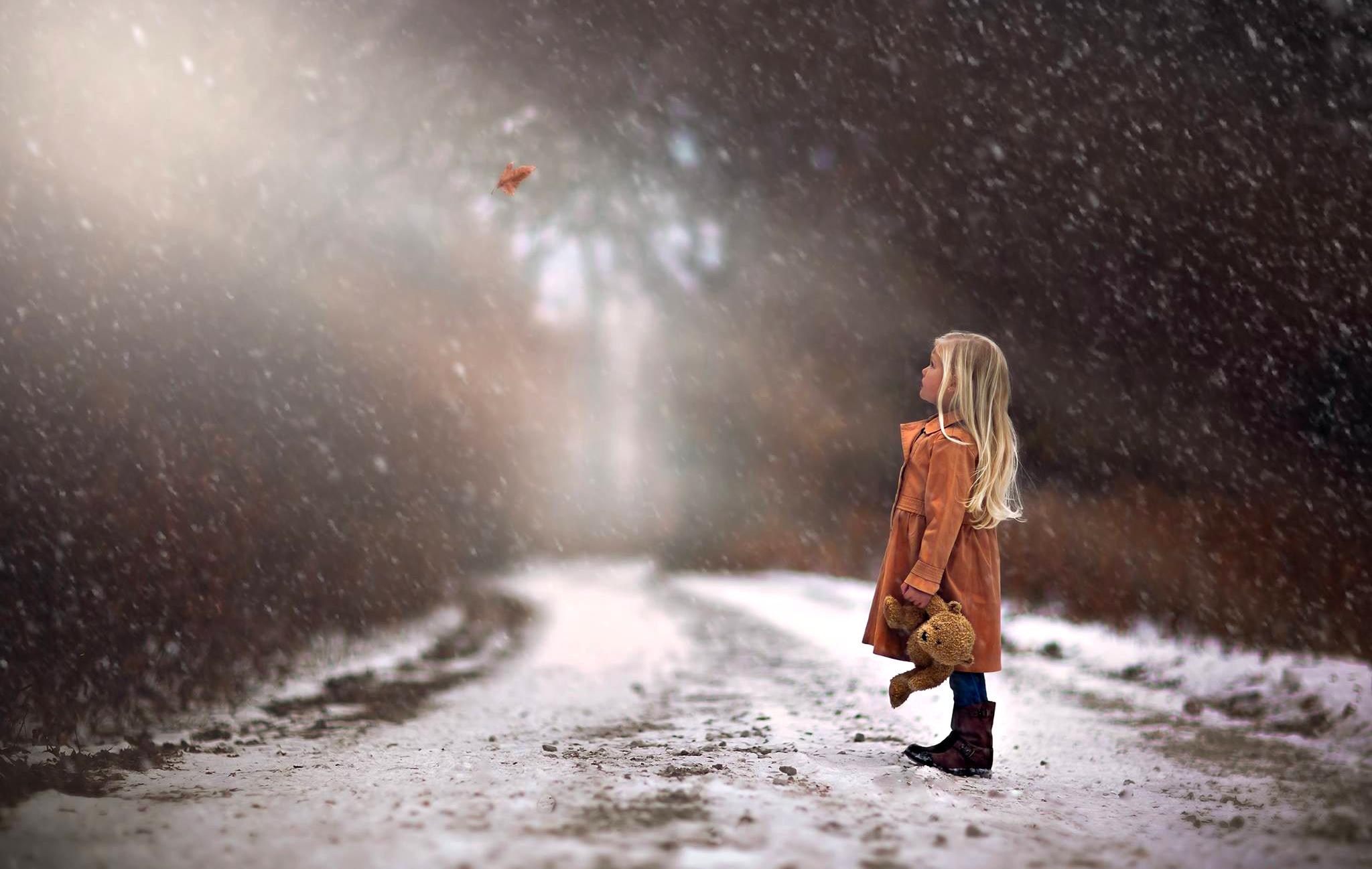 nature, fall, girl, woods, leaf, winter time, snow, road