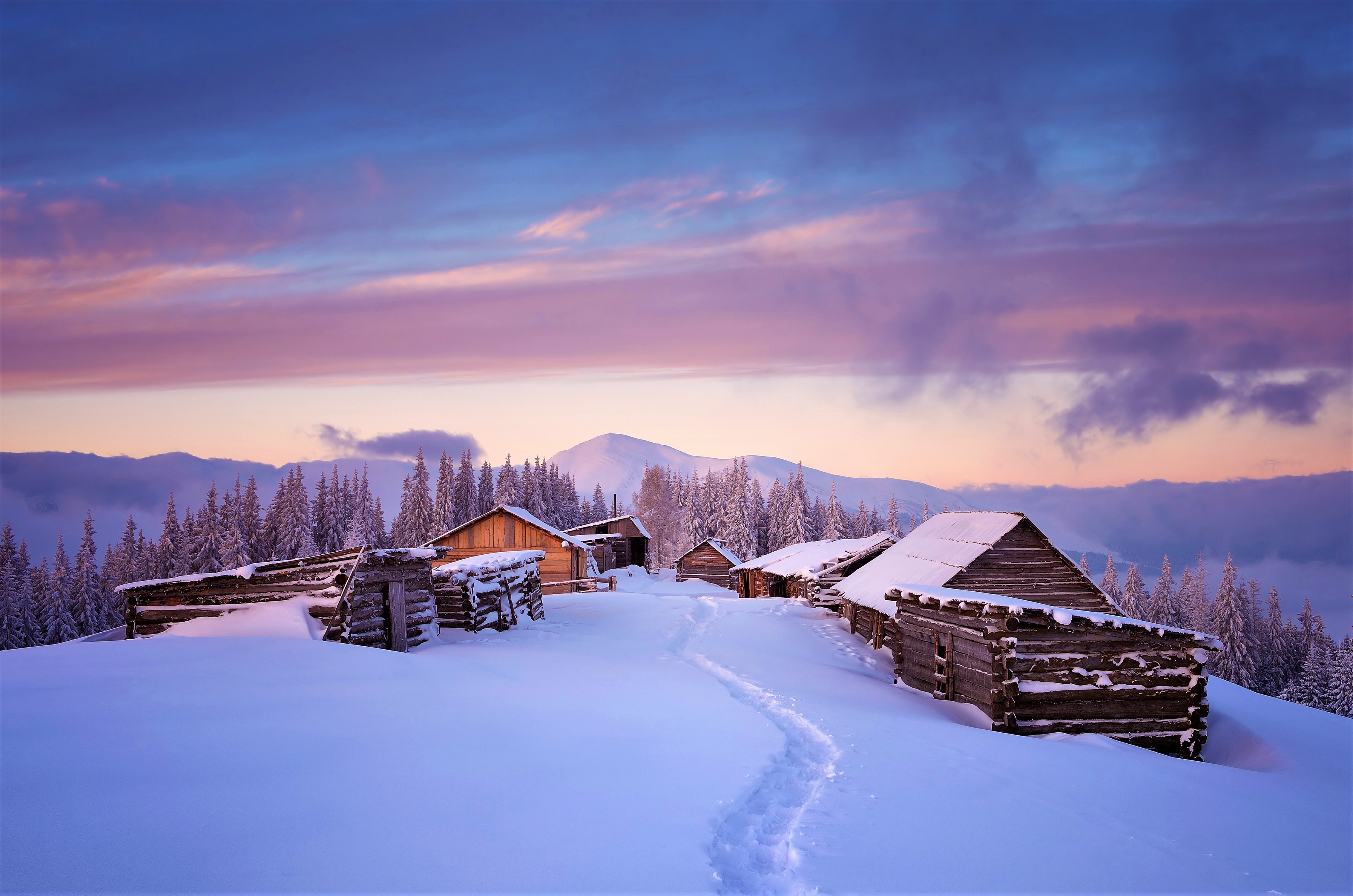 Cabins on Winter Mountain 4k Ultra HD Wallpaper