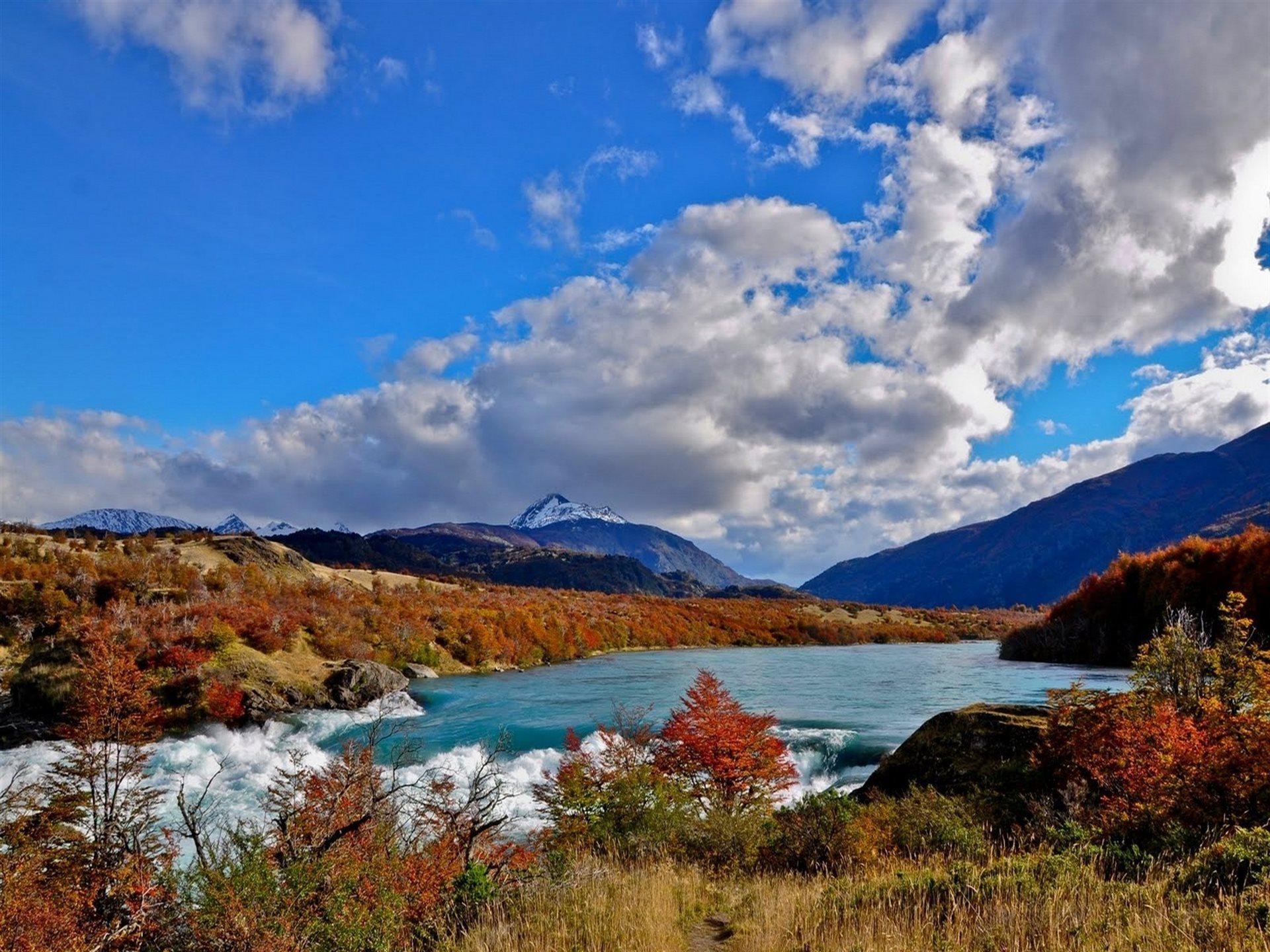 Download wallpaper morning, fall, chile, clouds, snowy peak