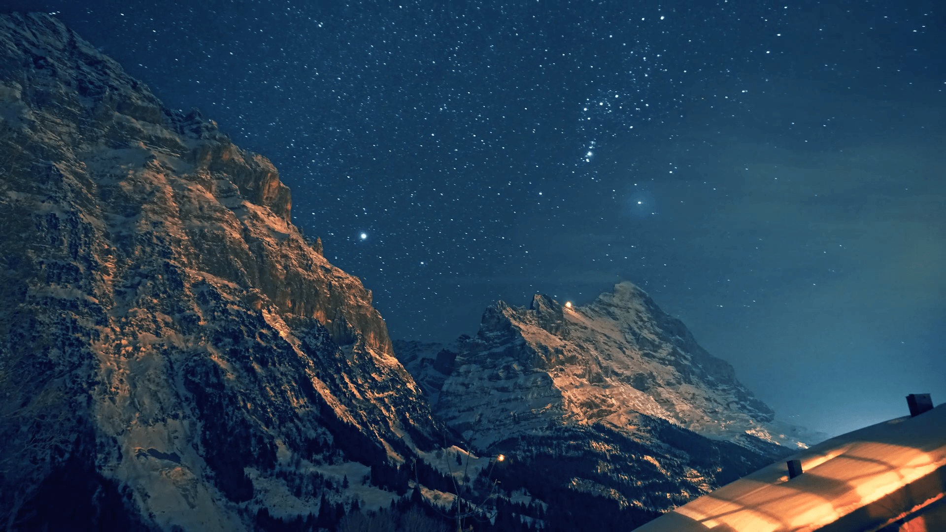 4K Night Timelapse Eiger Mönch Jungfrau Swiss Mountains with Snow, Ice, Stars, dark Sky and Clouds and Holidays in Switzerland Stock Video