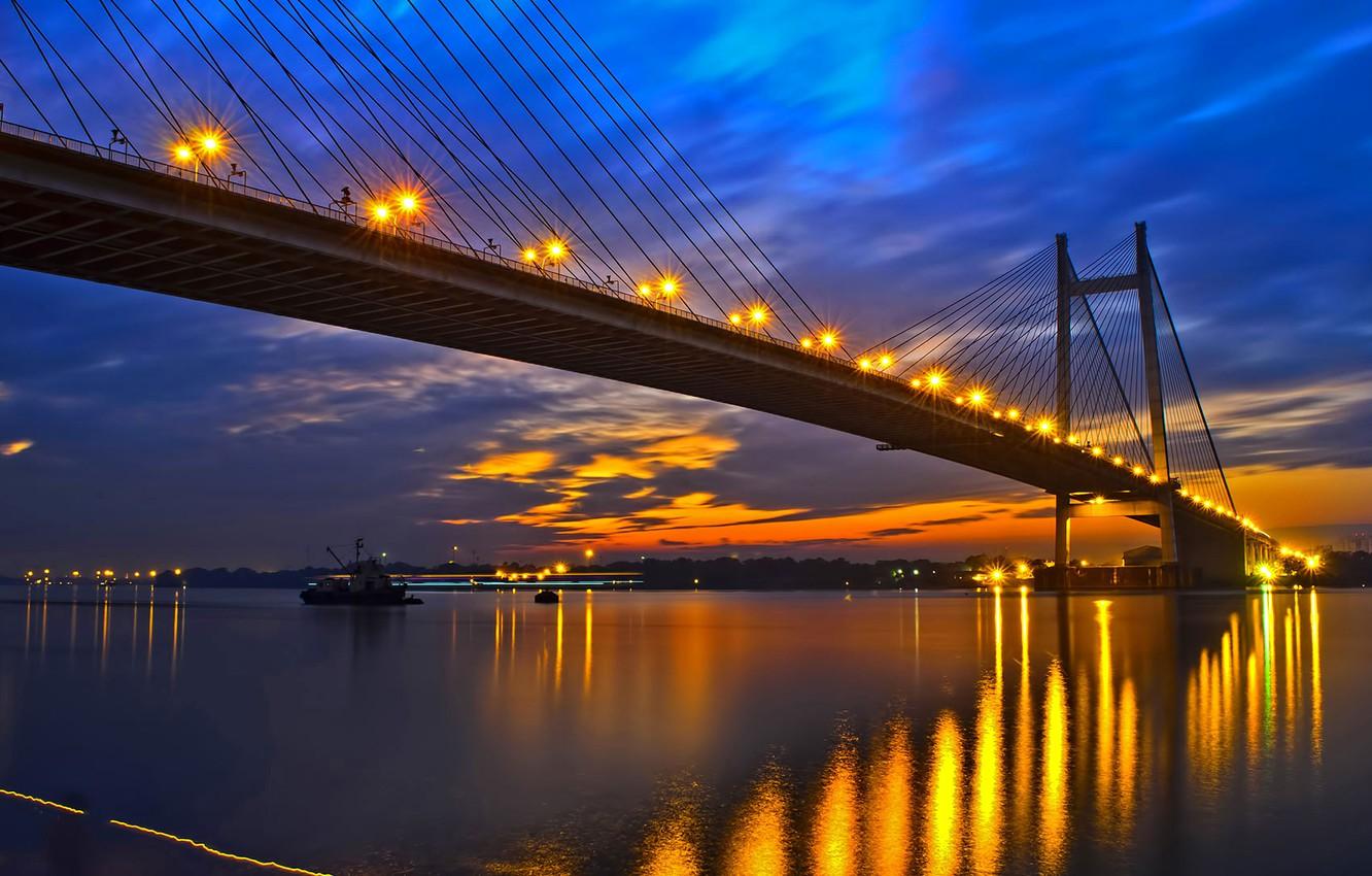 Wallpaper bridge, lights, river, the evening, India, glow, West Bengal, Ganges, Kolkata, Hooghly Bridge image for desktop, section пейзажи