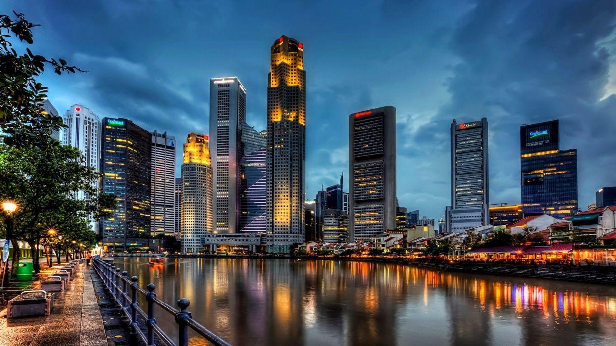 Singapore harbor buildings skyscrapers reflection wallpaper