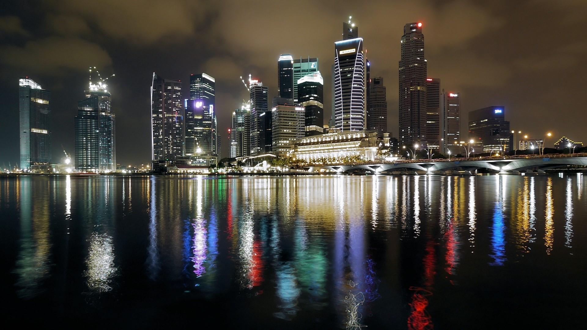 1920x1080 Singapore, night, Building, Reflection