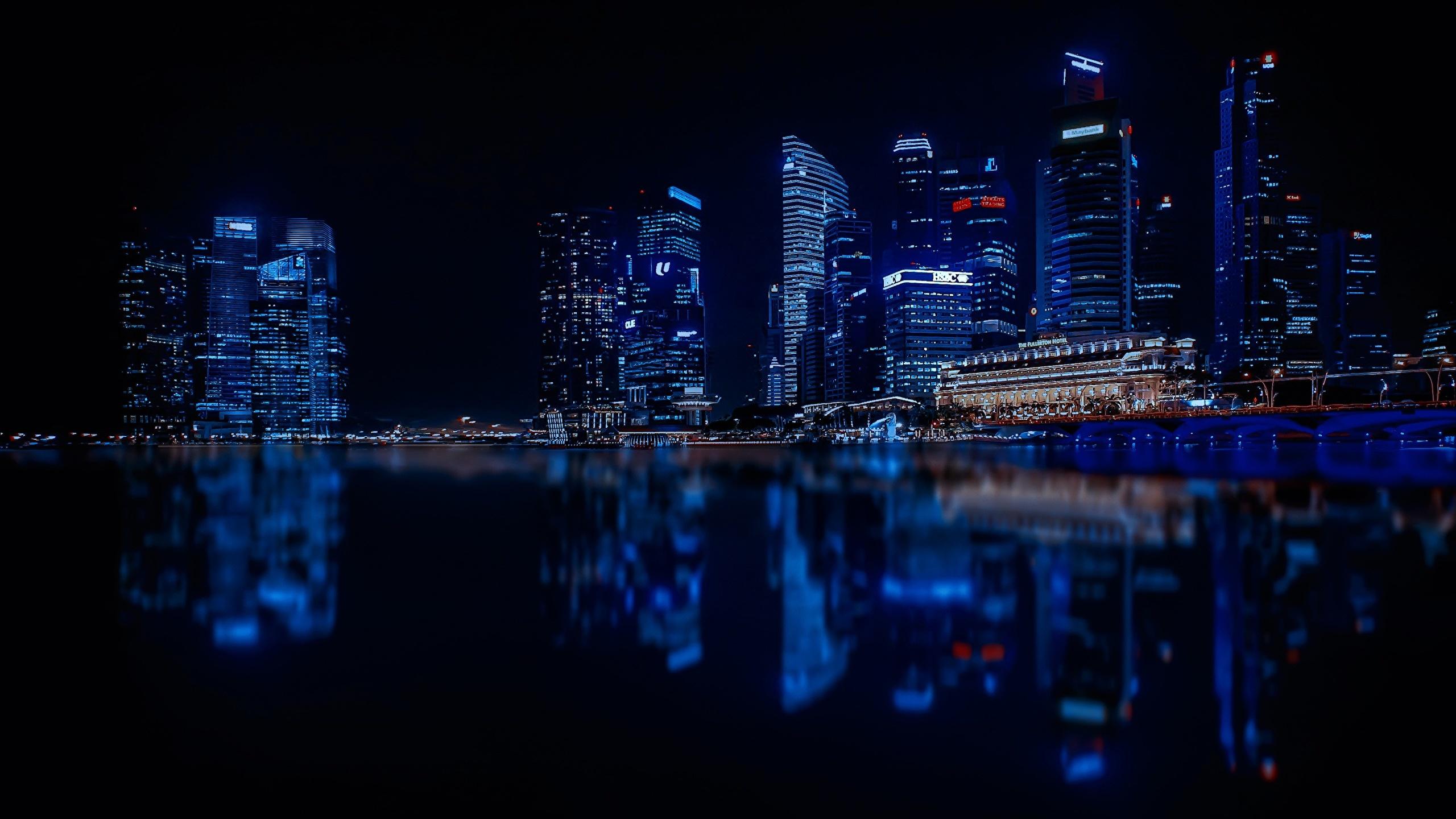 Wallpaper Singapore megalopolis Reflection night time 2560x1440