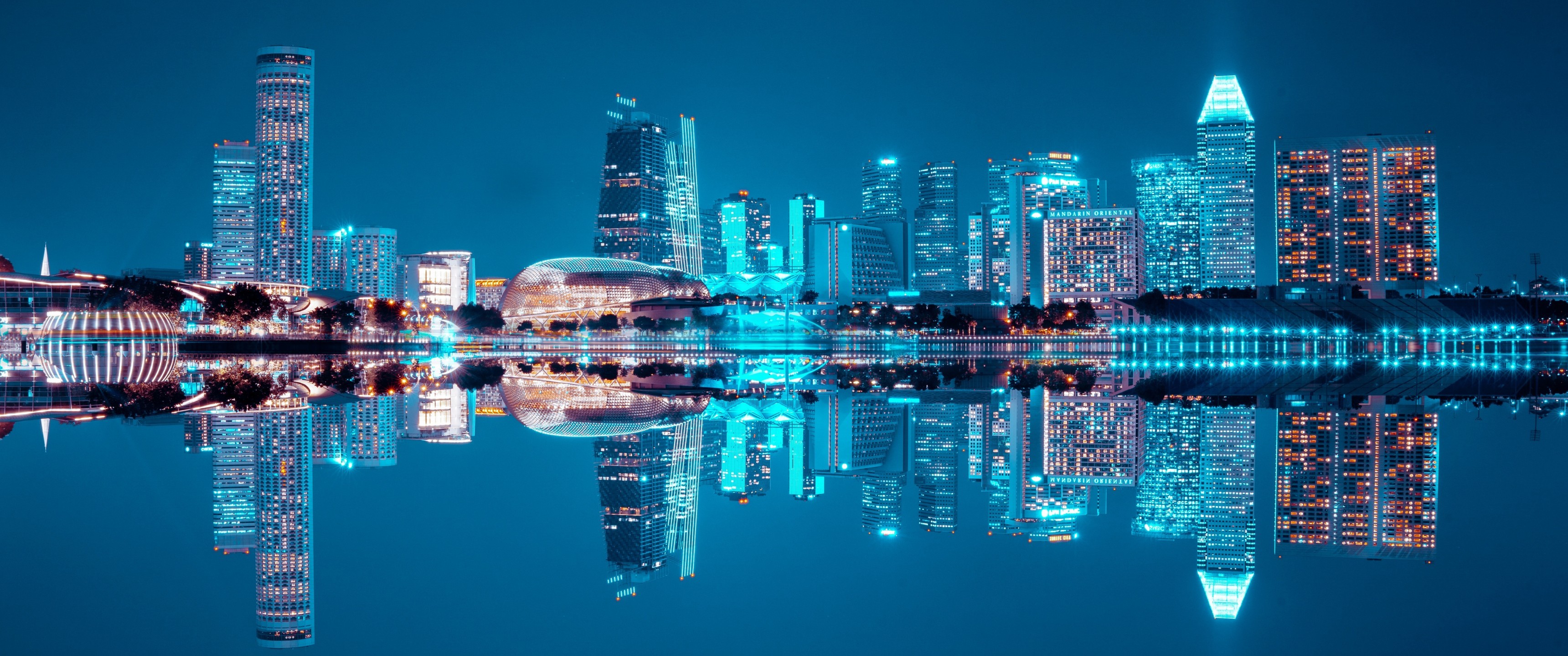 Download 3440x1440 Singapore, Skyscrapers, Night, Reflection