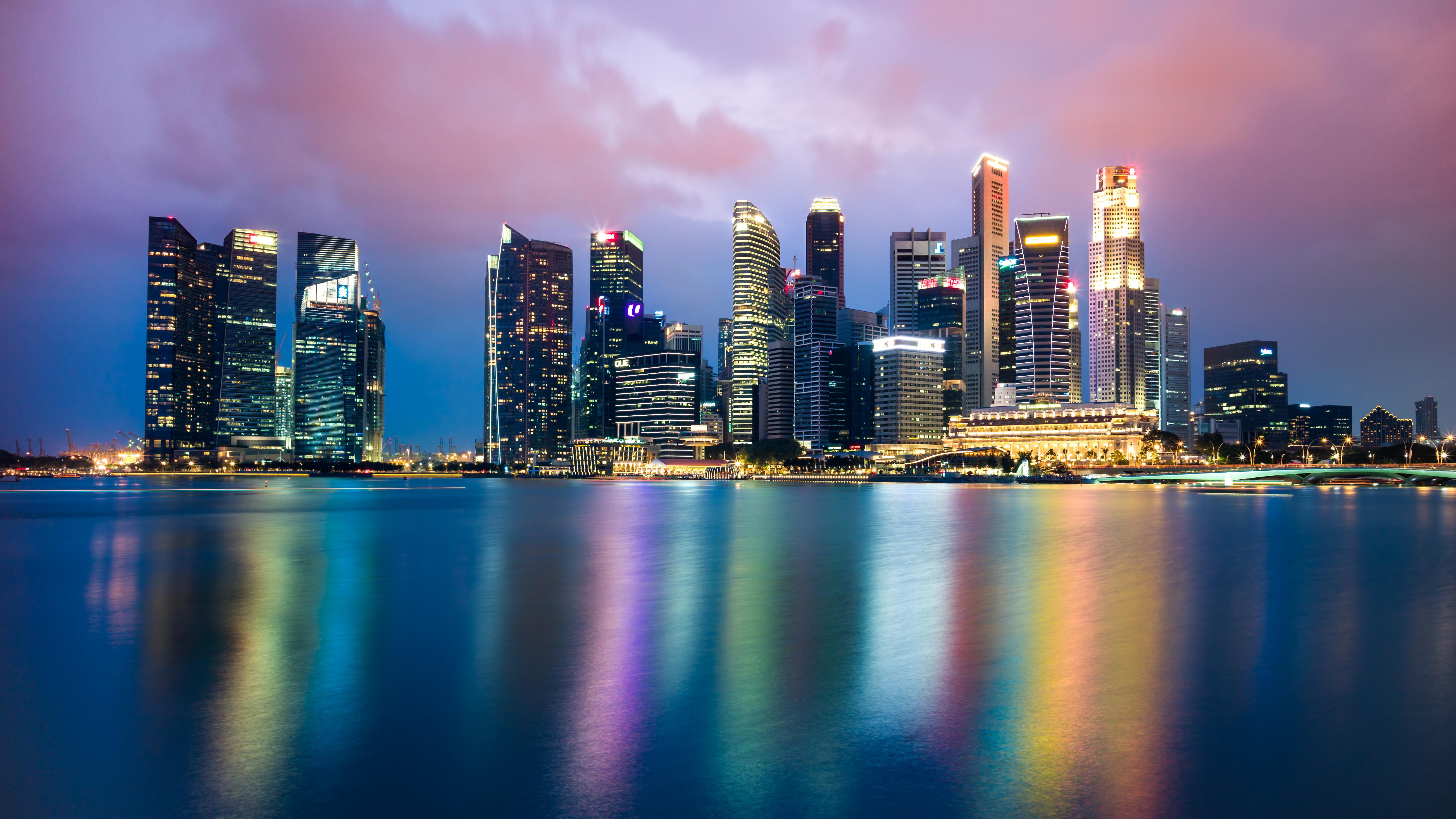 Wallpaper Singapore, Cityscape, Skyline, Reflections, Dusk