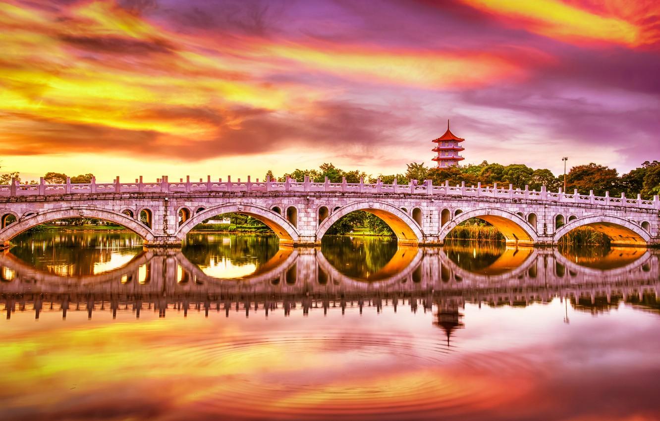 Wallpaper sunset, bridge, lake, reflection, Singapore, pond
