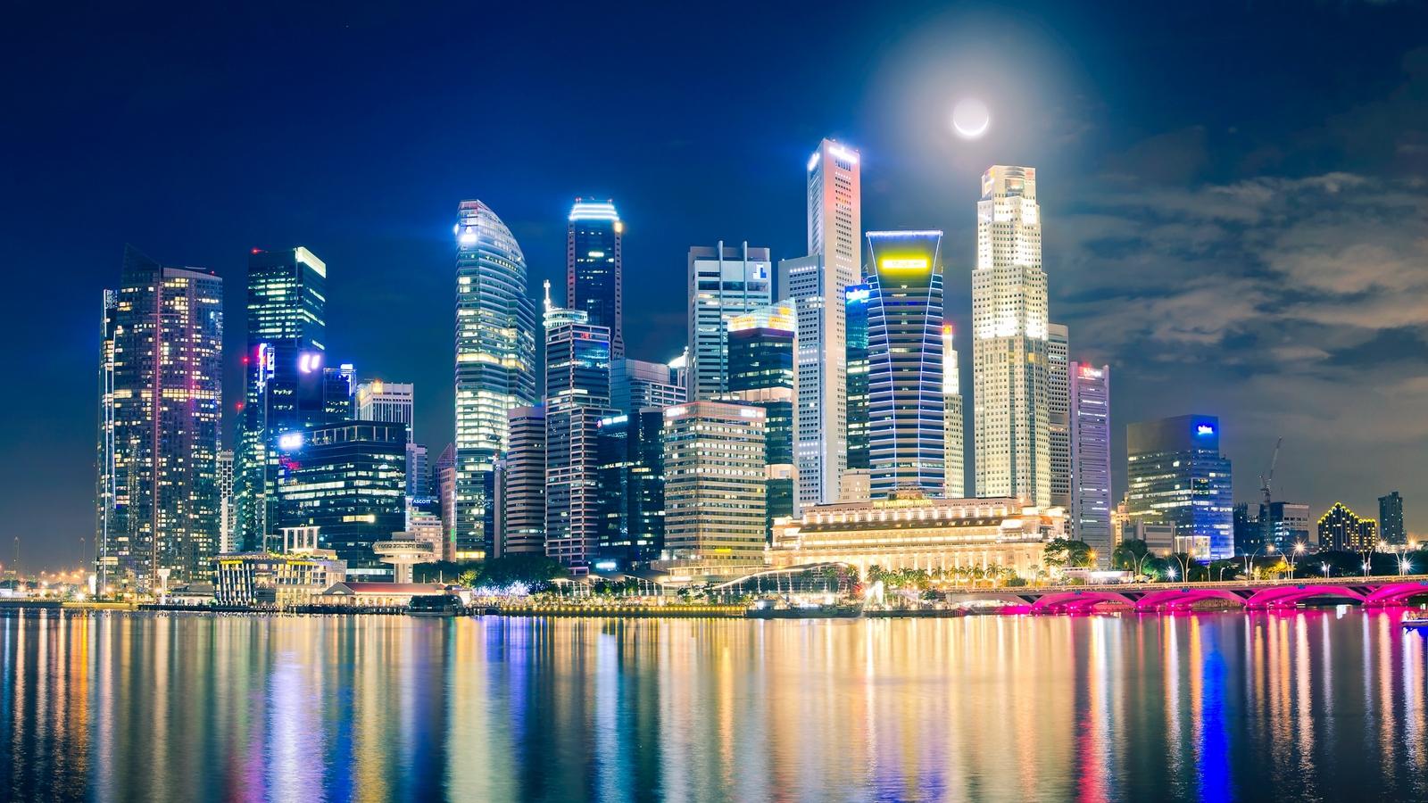 Download wallpaper 1600x900 singapore, night, lights