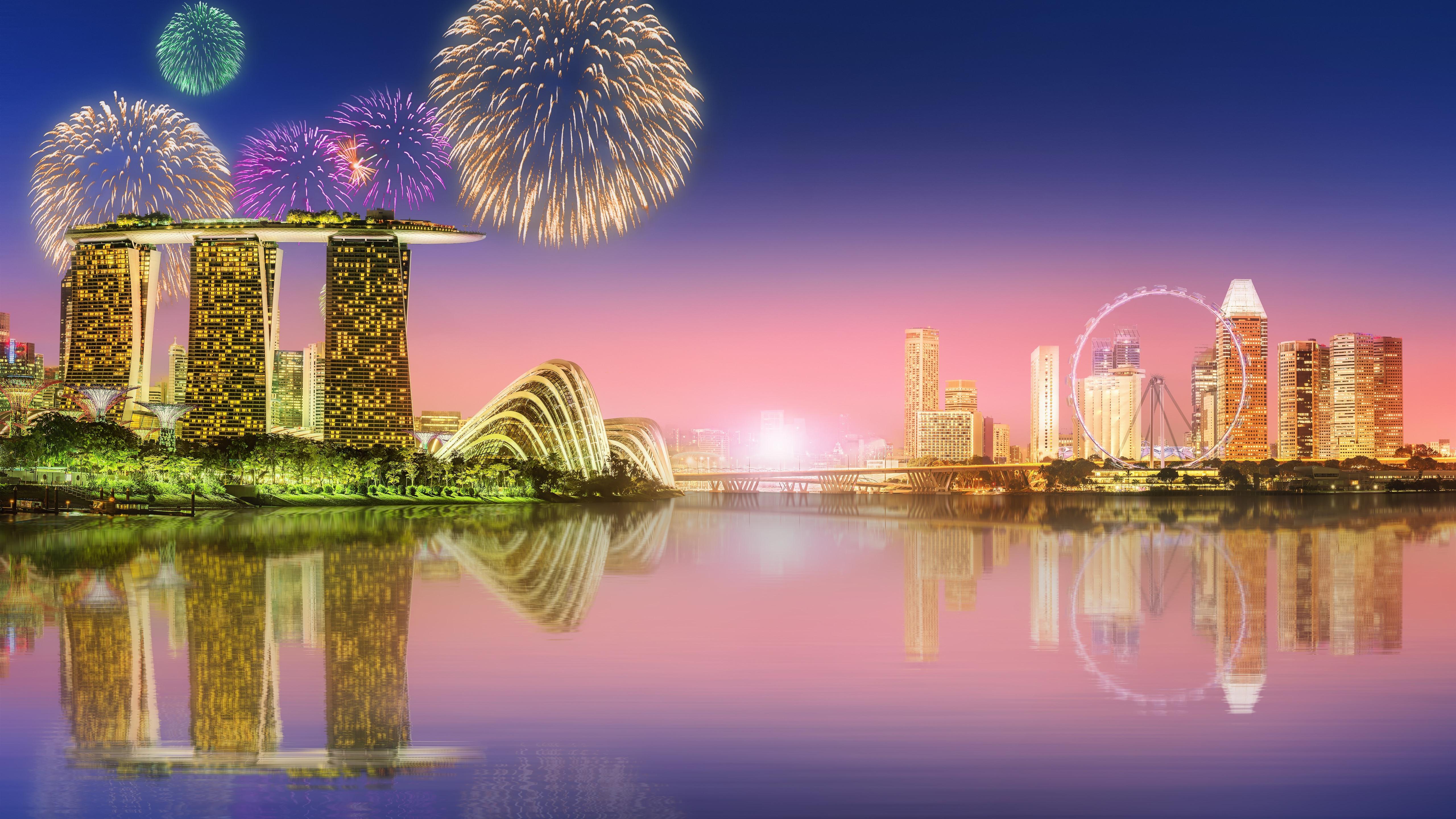 Wallpaper Beautiful Singapore city at night, fireworks
